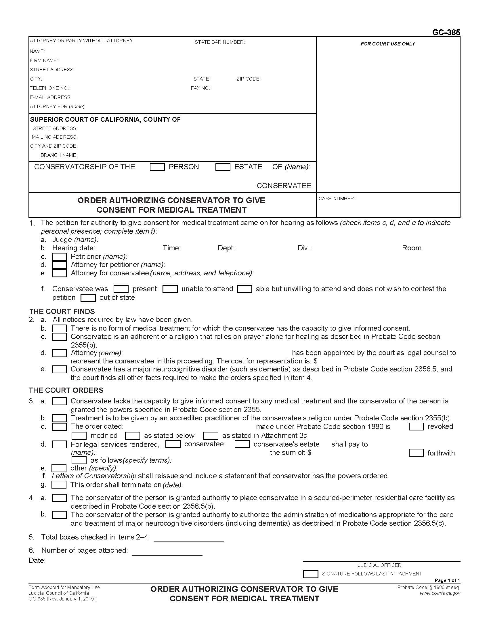 Order Authorizing Conservator To Give Consent For Medical Treatment {GC-385} | Pdf Fpdf Docx | California