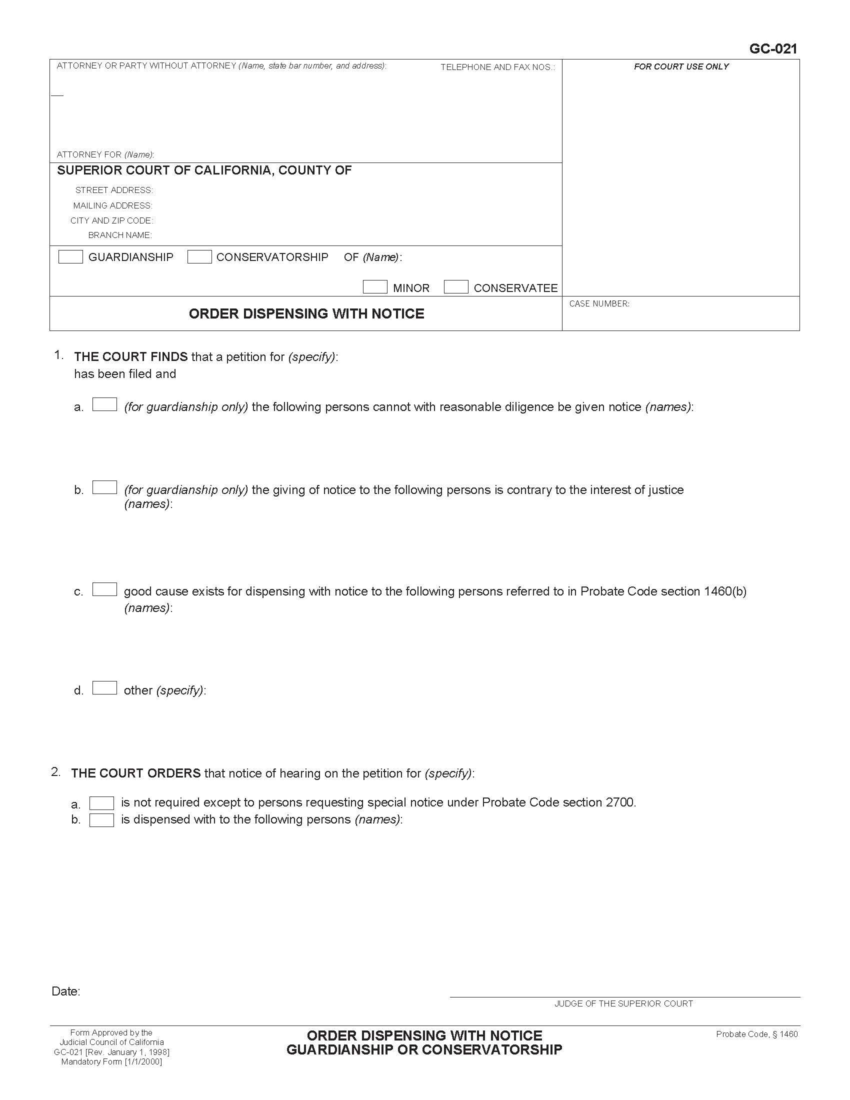Order Dispensing With Notice-Guardianship Or Conservatorship {GC-021} | Pdf Fpdf Doc Docx | California
