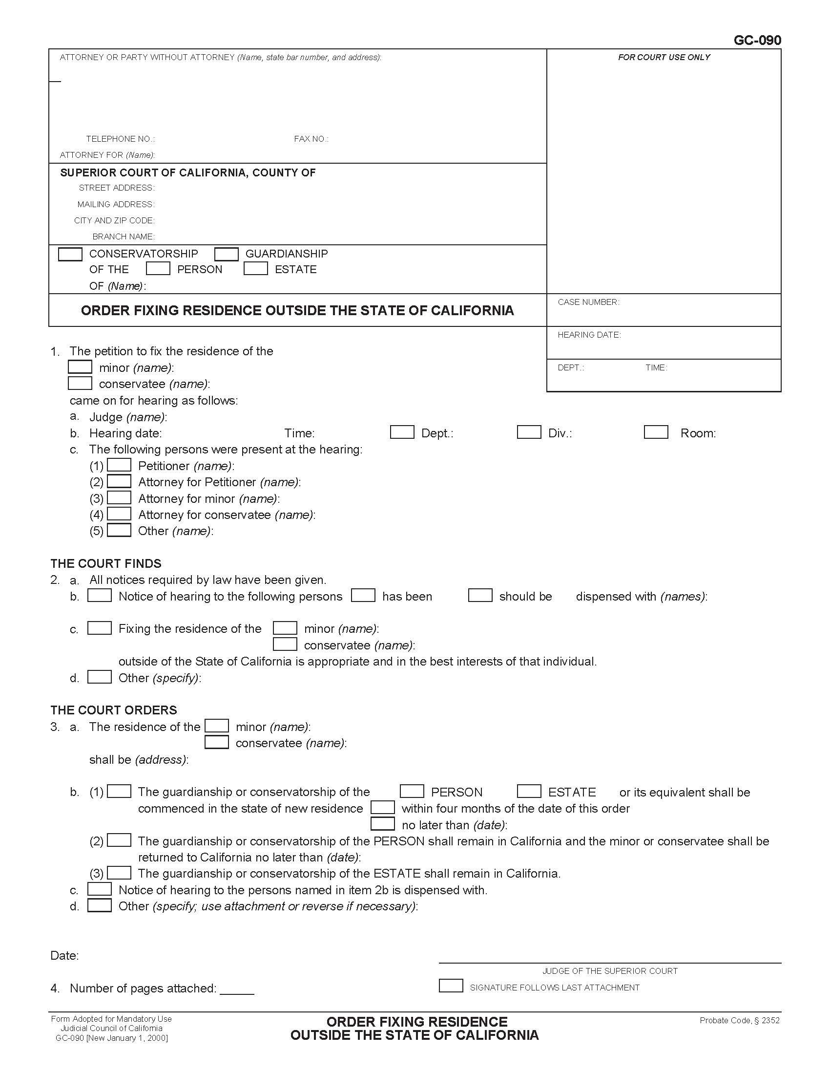 Order Fixing Residence Outside The State Of California {GC-090} | Pdf Fpdf Doc Docx | California