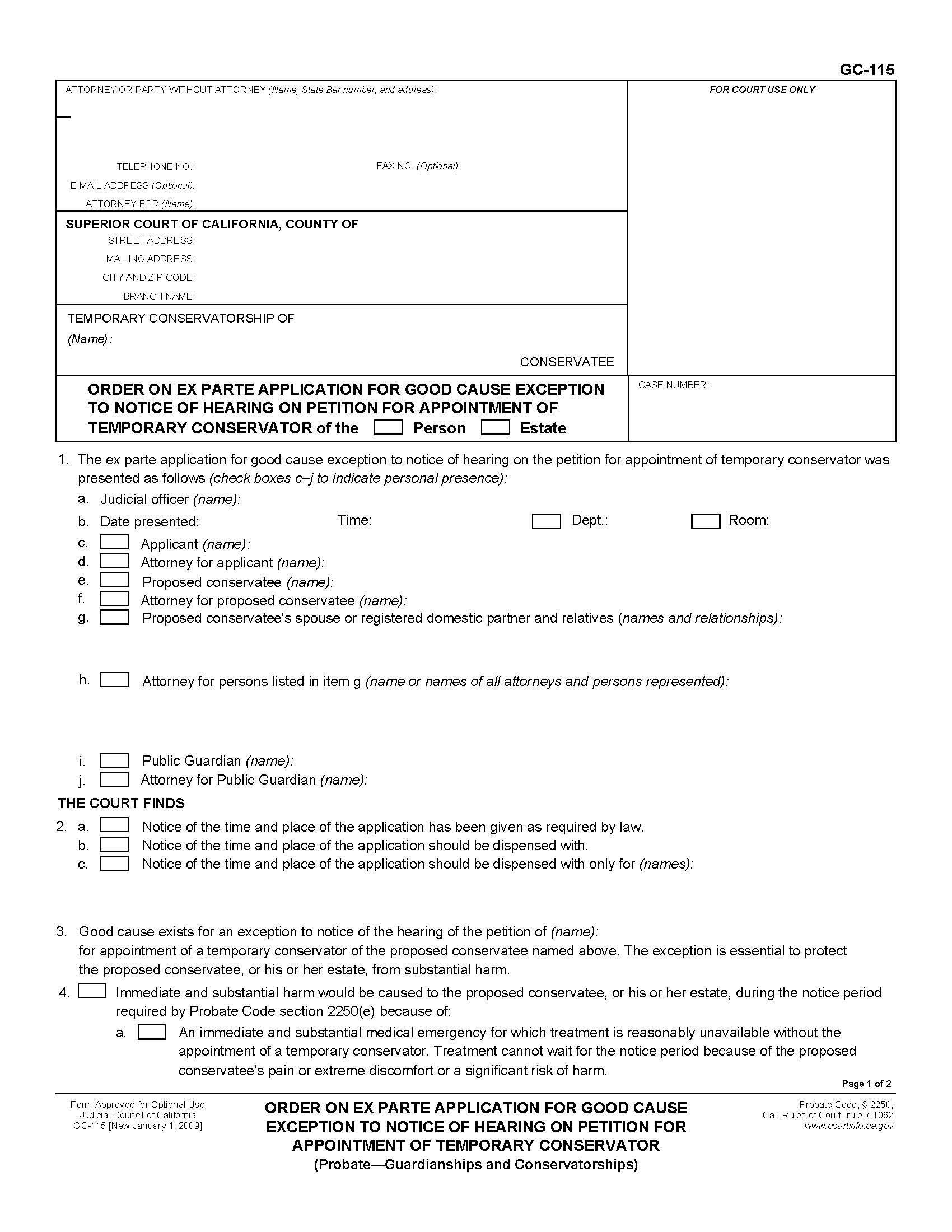 Order On Ex-Parte Application For Good Cause Exception {GC-115} | Pdf Fpdf Doc Docx | California