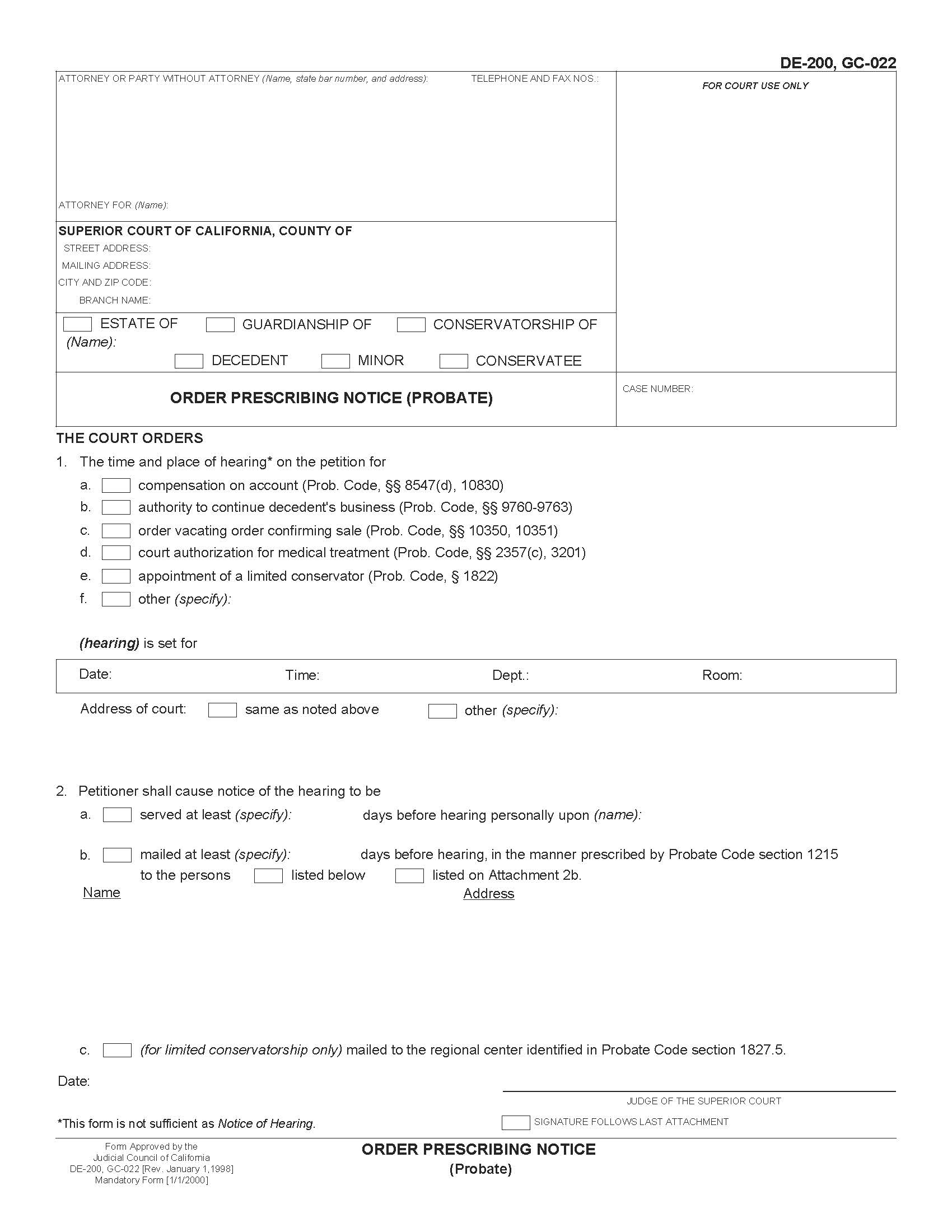 Order Prescribing Notice (Probate) {GC-022} | Pdf Fpdf Doc Docx | California
