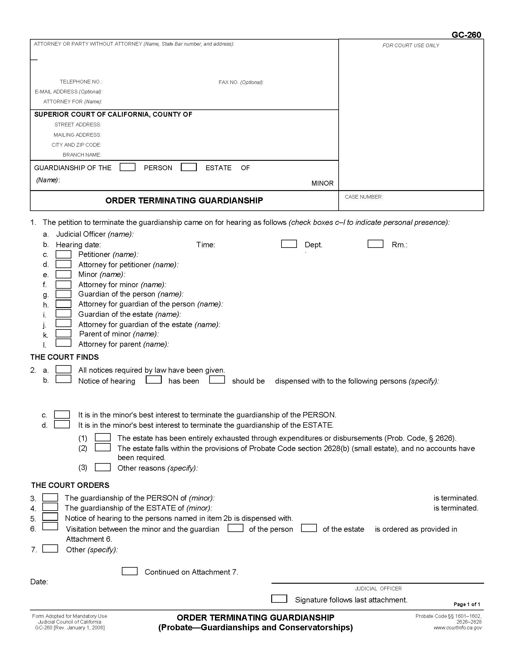 Order Terminating Guardianship {GC-260} | Pdf Fpdf Doc Docx | California