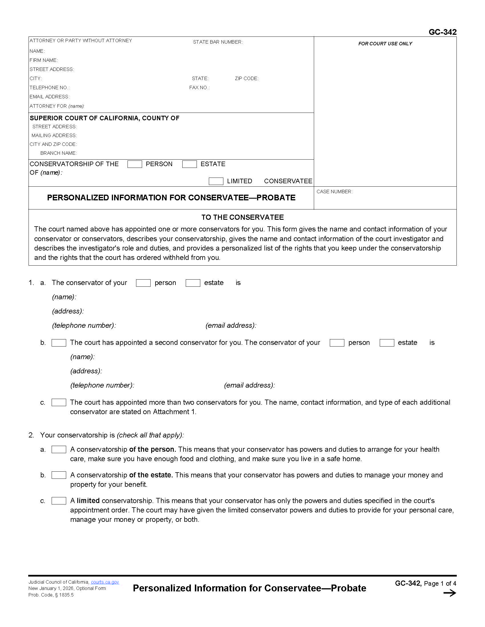 Personalized Information For Conservatee-Probate {GC-342} | Pdf Fpdf Docx | California