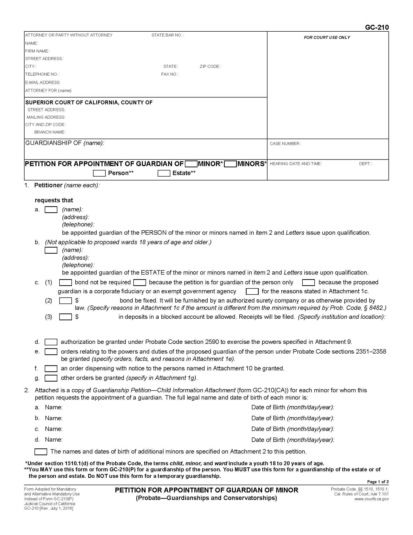 Petition For Appointment Of Guardian Of Minor {GC-210} | Pdf Fpdf Doc Docx | California