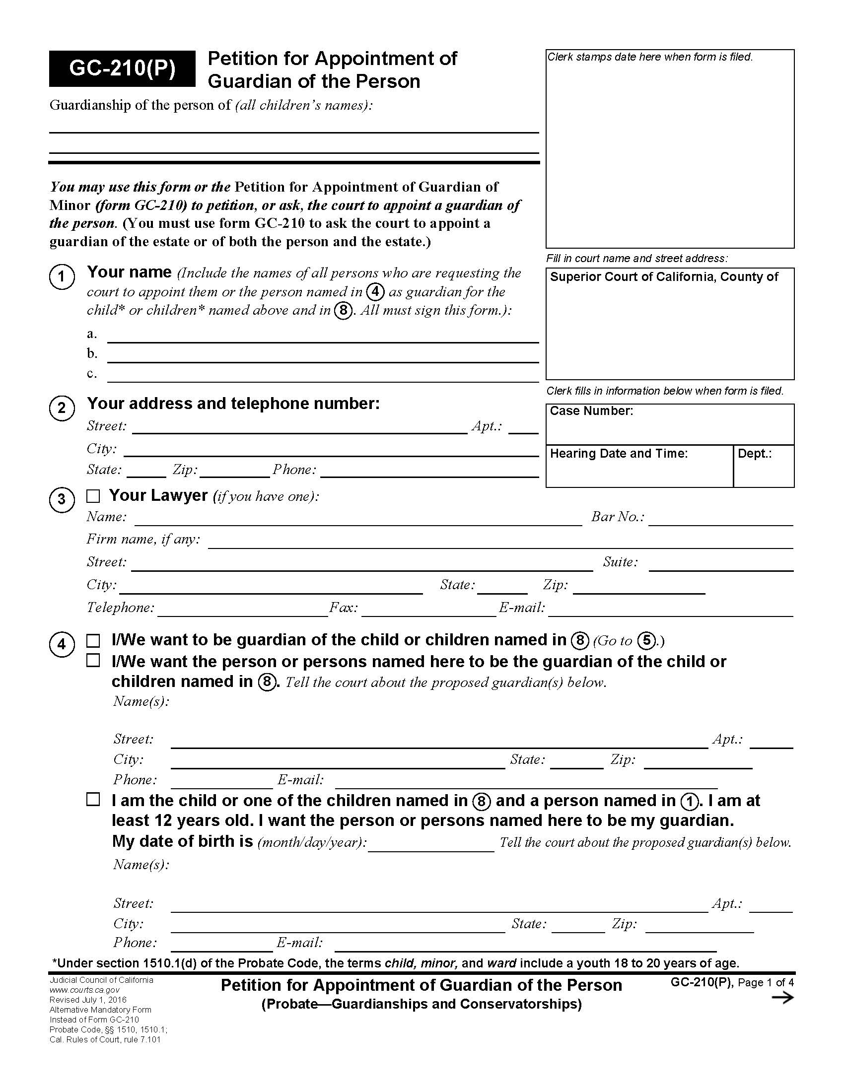 Petition For Appointment Of Guardian Of The Person {GC-210(P)} | Pdf Fpdf Doc Docx | California