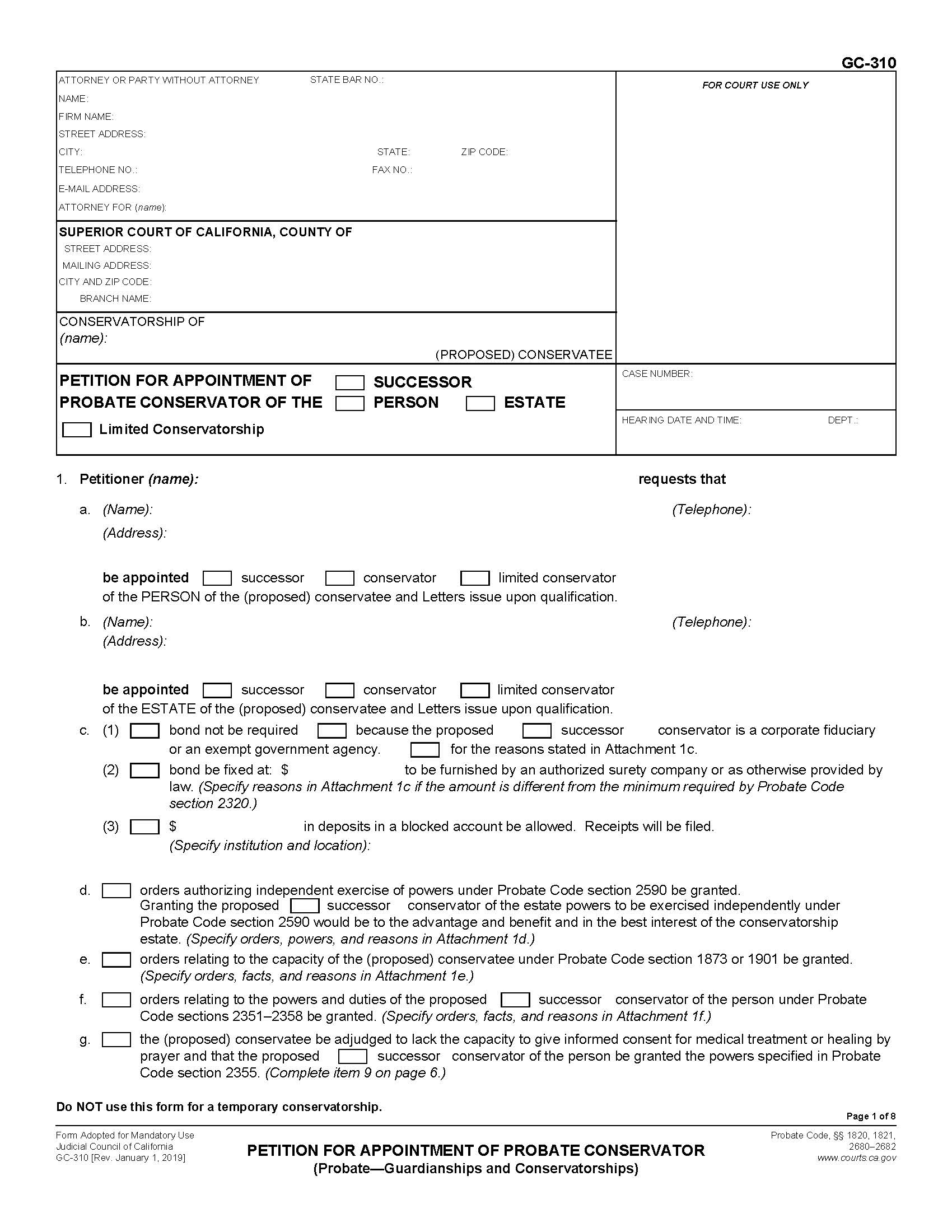 Petition For Appointment Of Probate Conservator {GC-310} | Pdf Fpdf Docx | California
