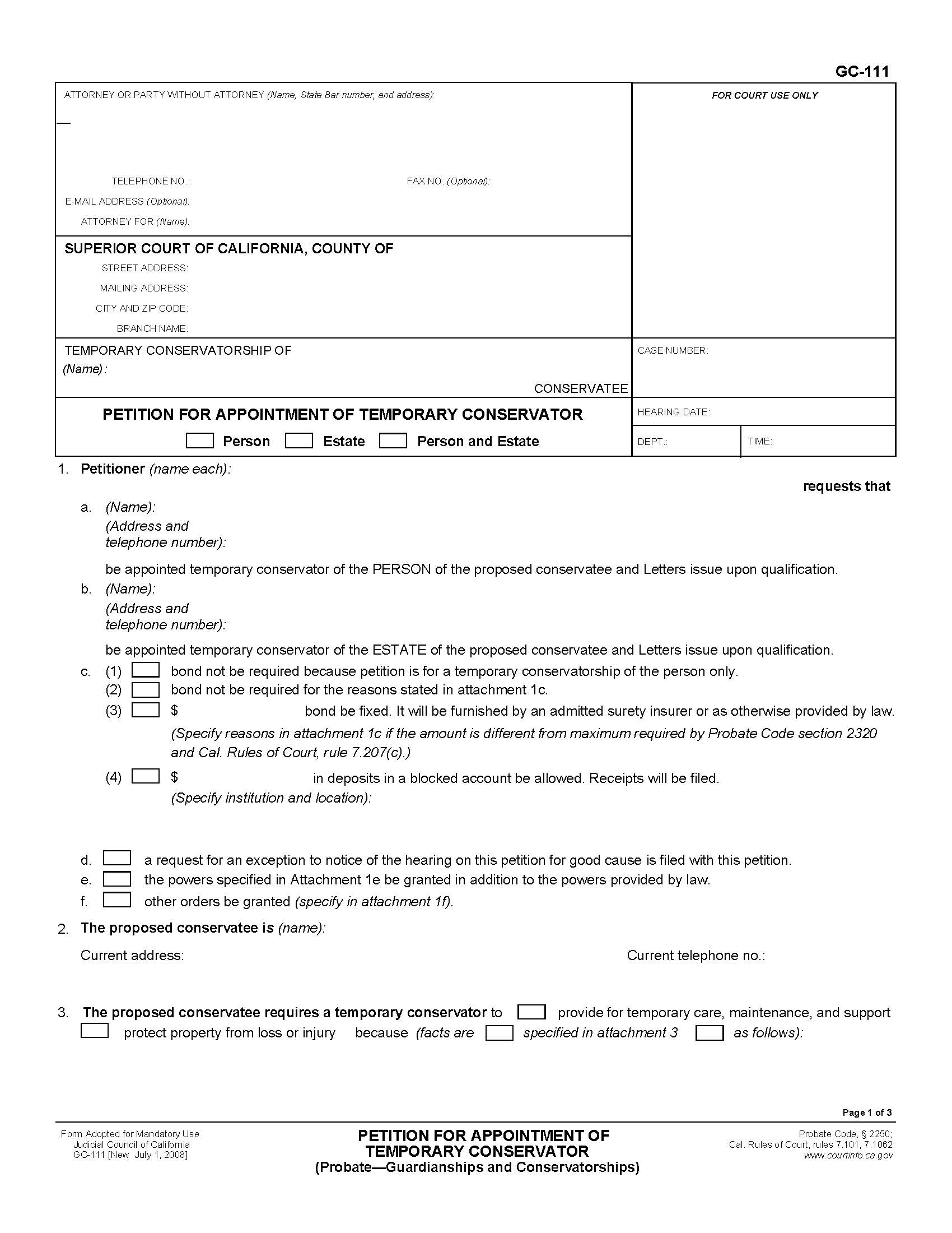 Petition For Appointment Of Temporary Conservator {GC-111} | Pdf Fpdf Doc Docx | California