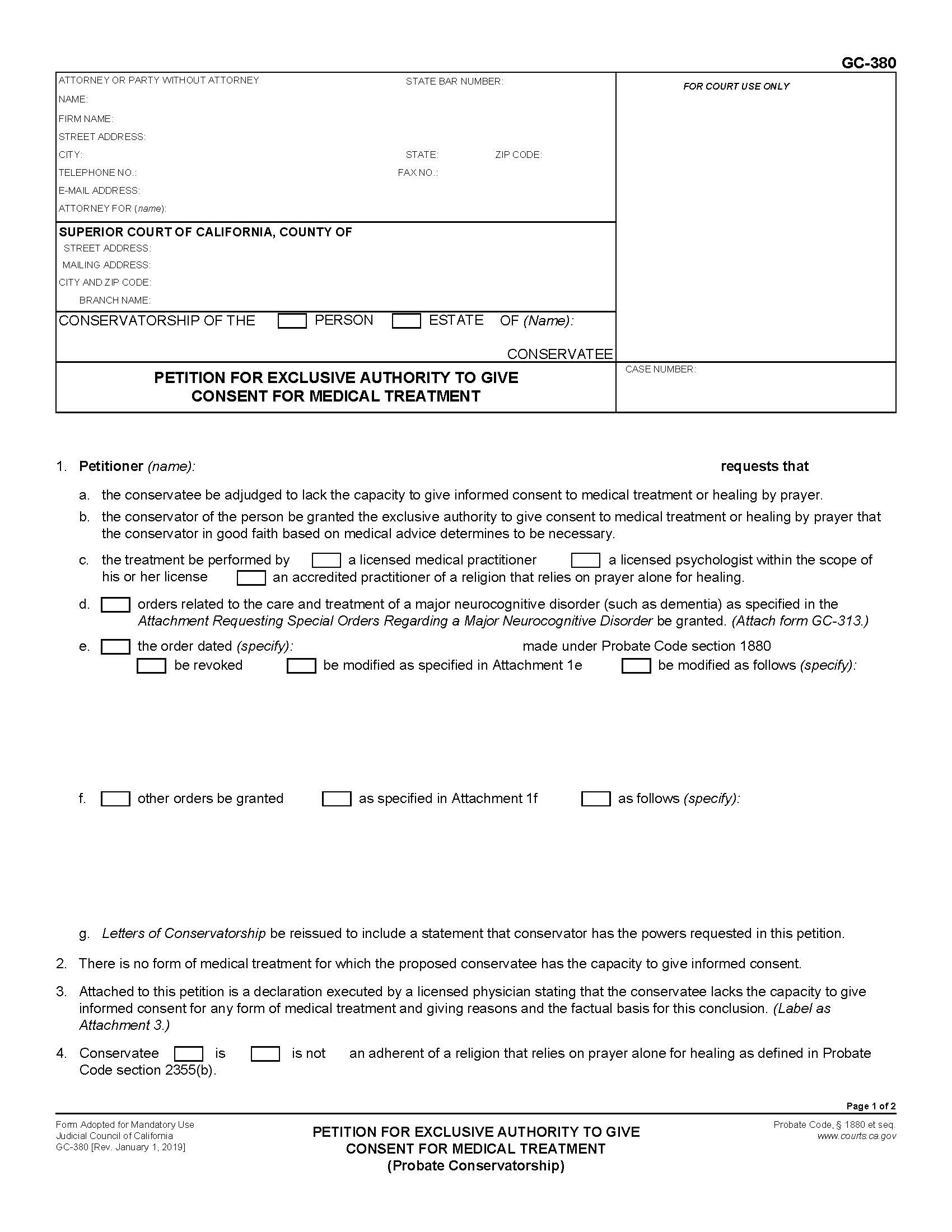 Petition For Exclusive Authority To Give Consent For Medical Treatment {GC-380} | Pdf Fpdf Docx | California