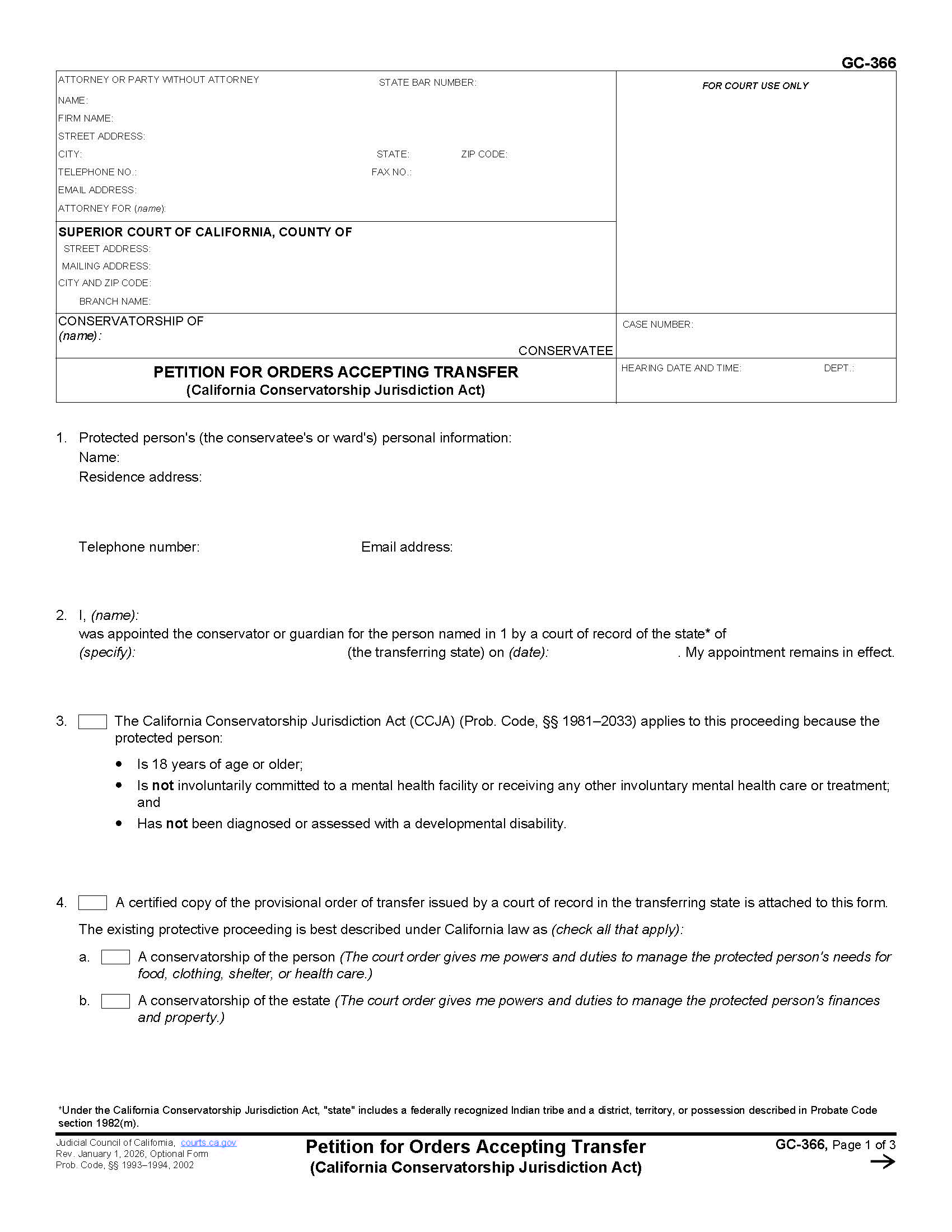 Petition For Orders Accepting Transfer (California Conservatorship Jurisdiction Act) {GC-366} | Pdf Fpdf Docx | California