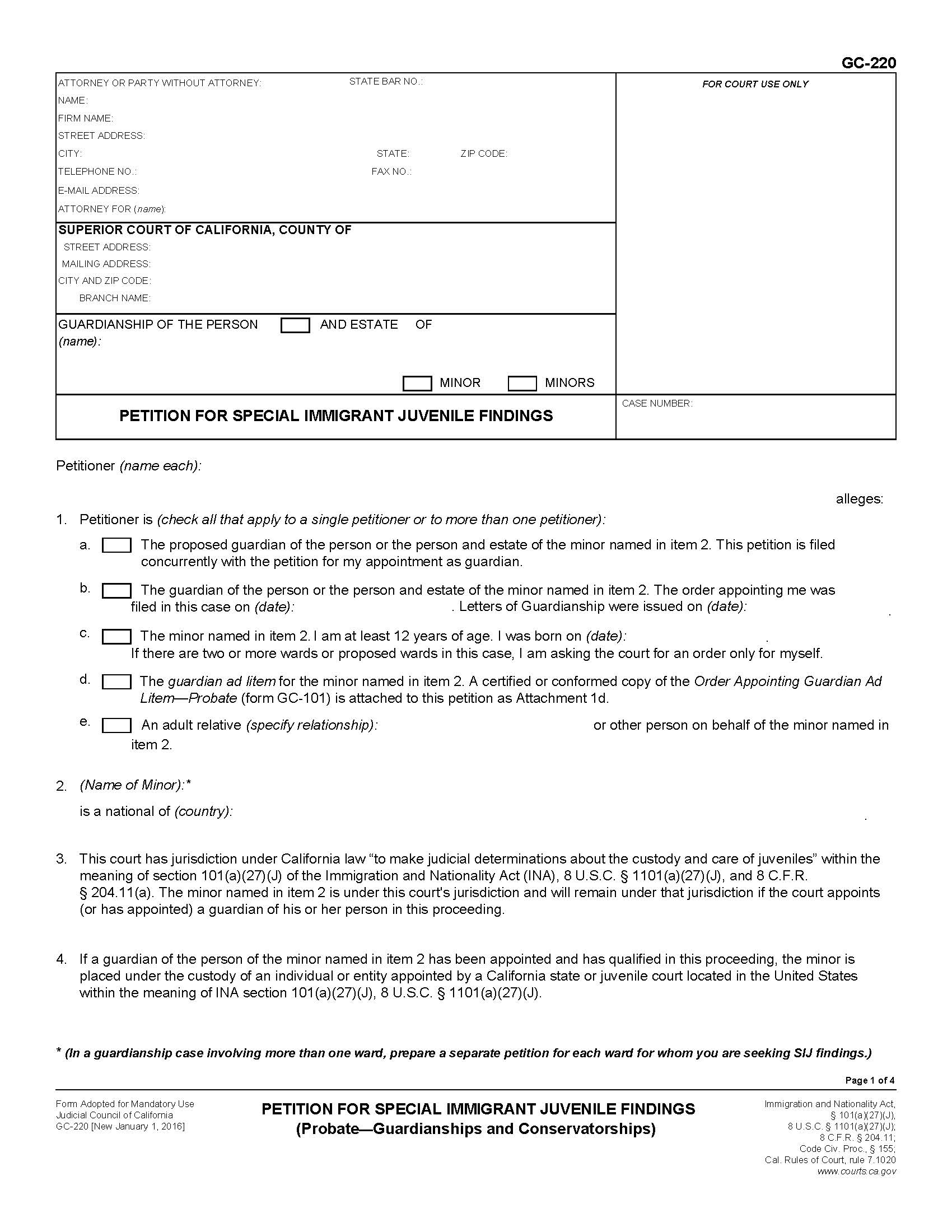 Petition For Special Immigrant Juvenile Findings {GC-220} | Pdf Fpdf Doc Docx | California