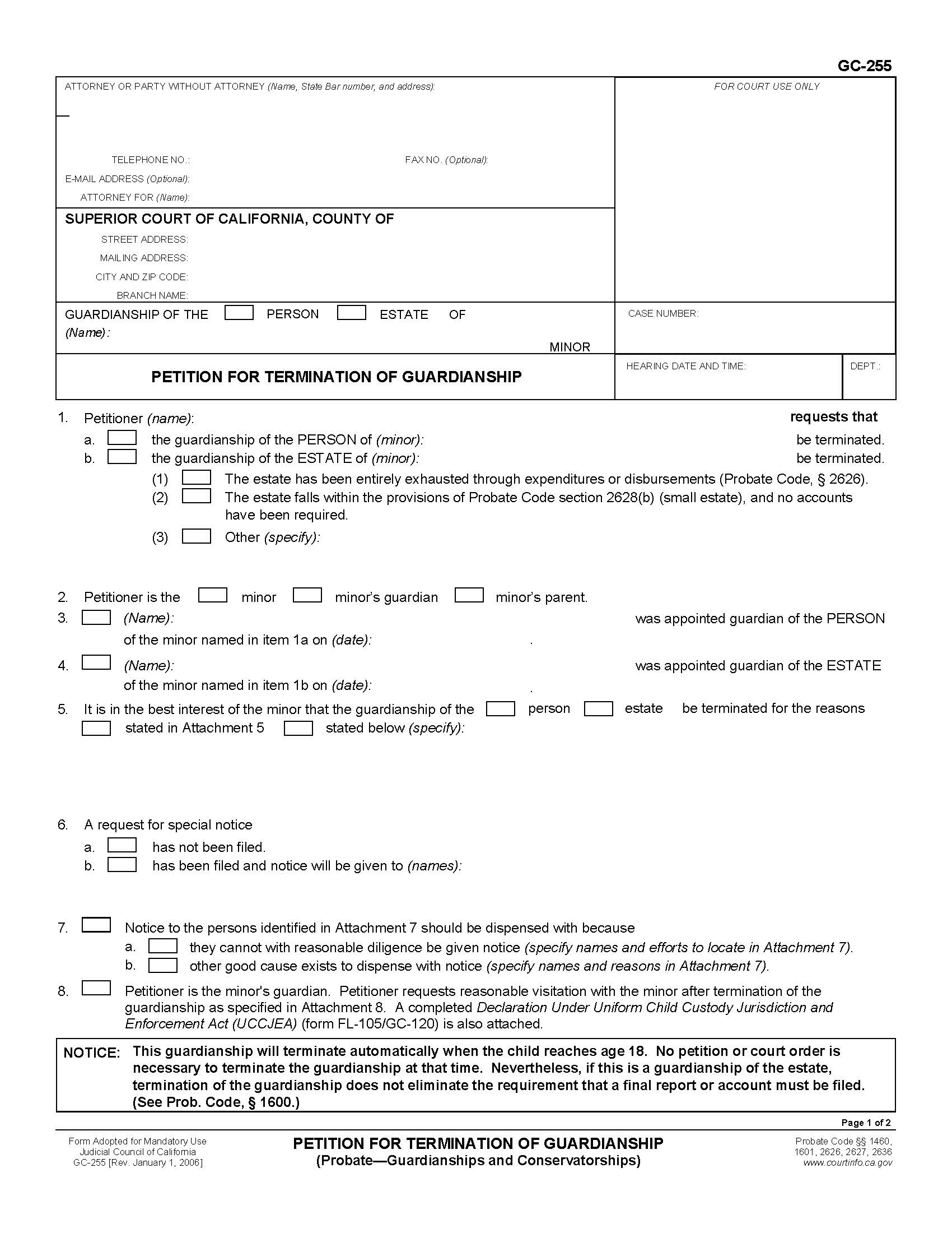 Petition For Termination Of Guardianship {GC-255} | Pdf Fpdf Doc Docx | California