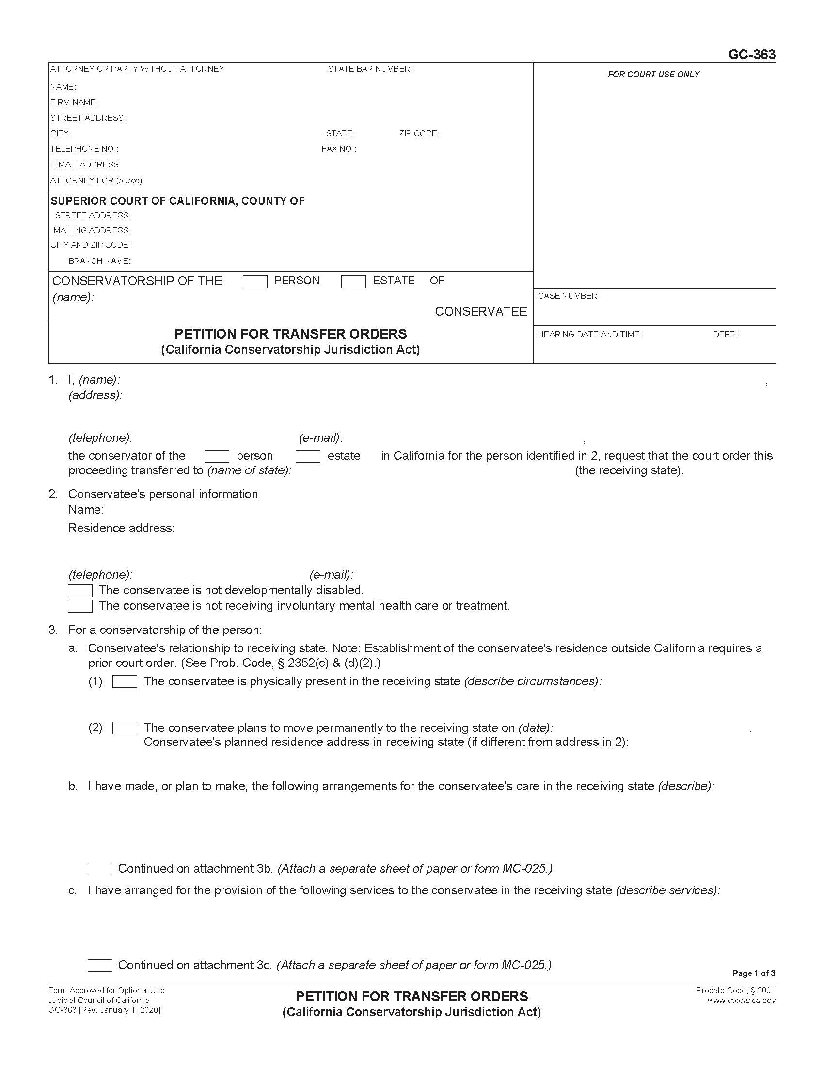 Petition For Transfer Orders (California Conservatorship Jurisdiction Act) {GC-363} | Pdf Fpdf Docx | California