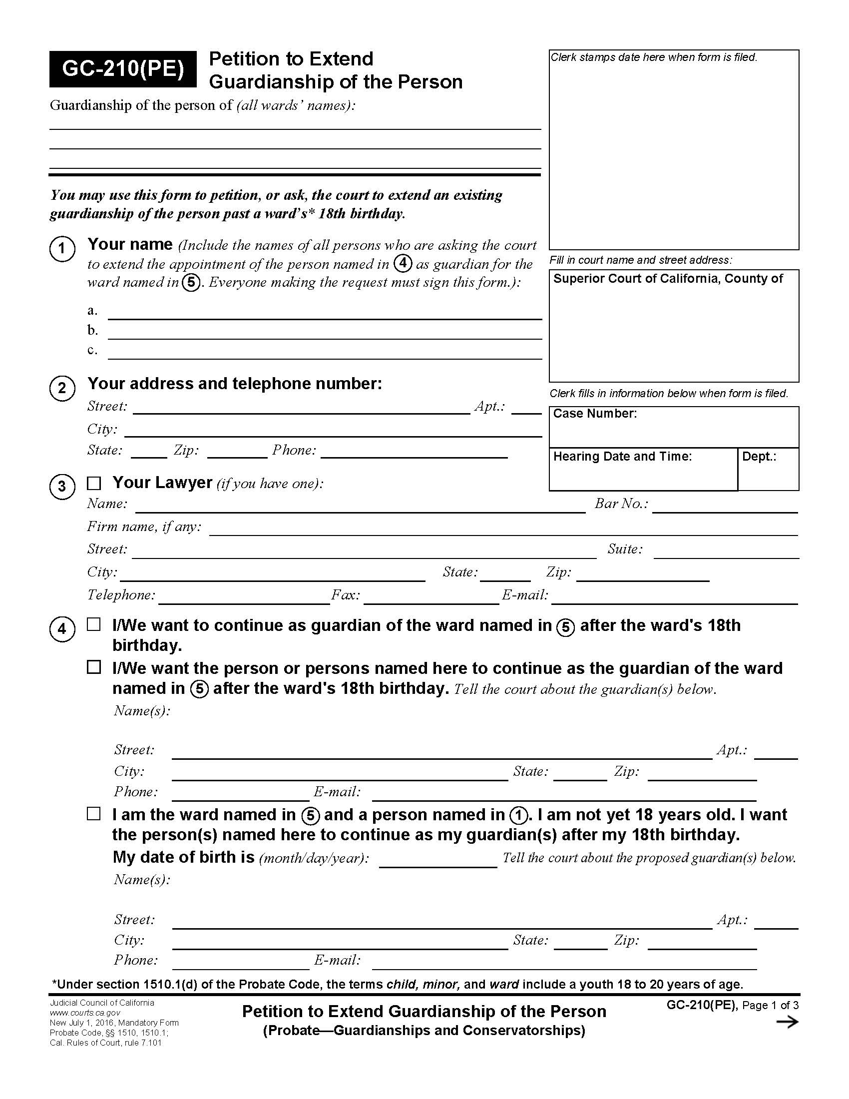 Petition To Extend Guardianship Of The Person {GC-210(PE)} | Pdf Fpdf Doc Docx | California