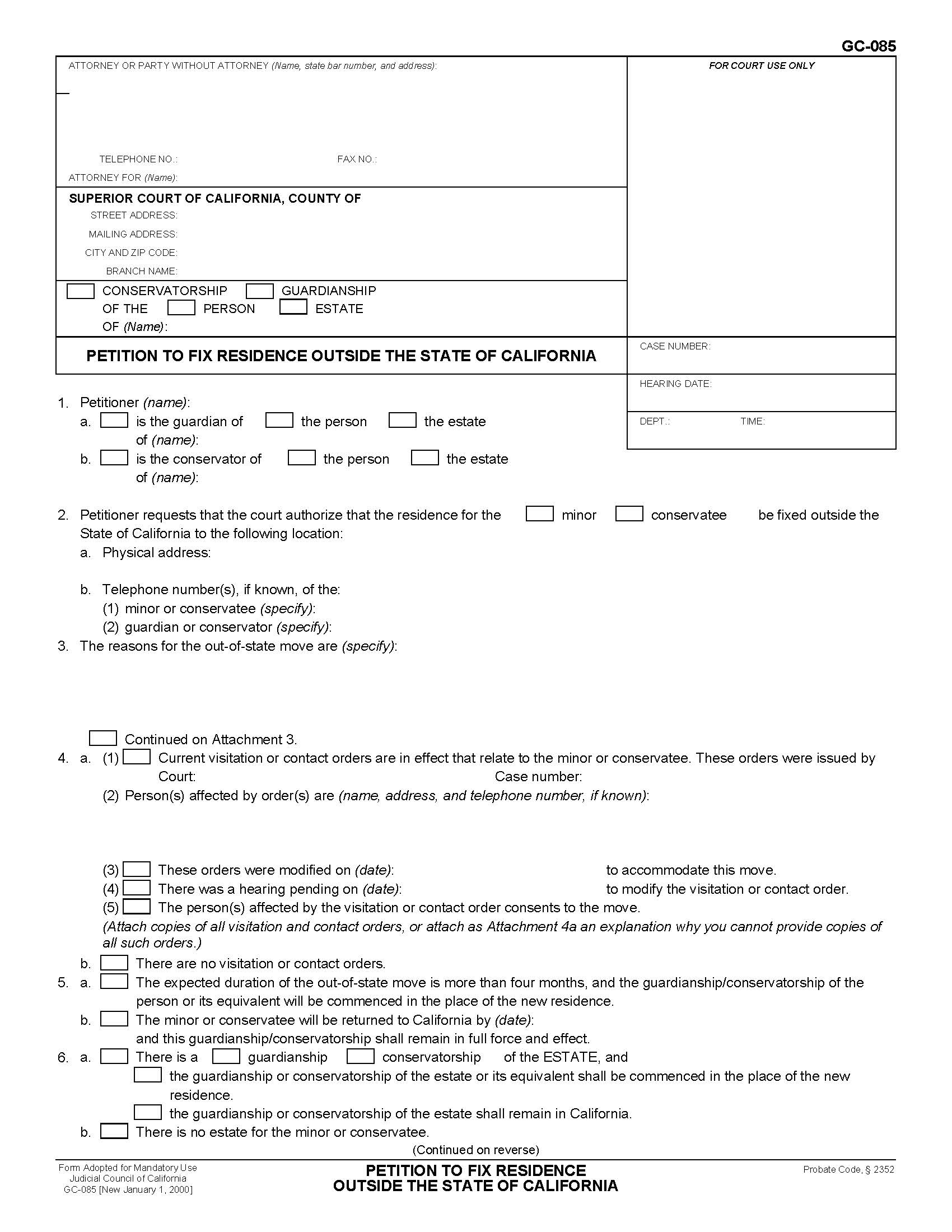 Petition To Fix Residence Outside The State Of California {GC-085} | Pdf Fpdf Doc Docx | California