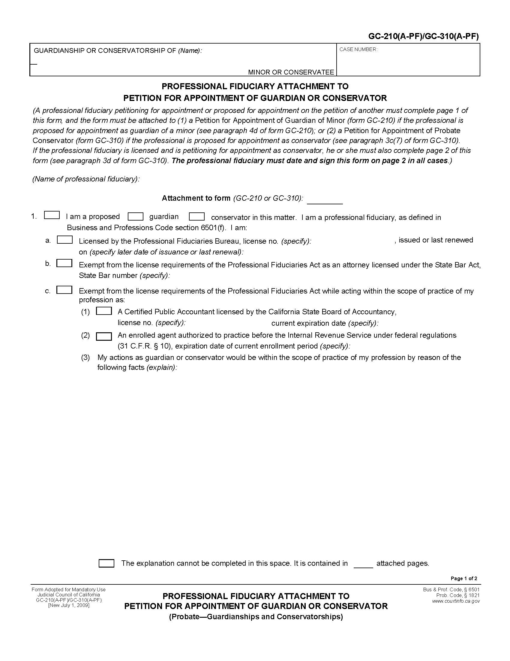 Professional Fiduciary Attachment To Petition For Appointment Of Guardian Or Conservator {GC-210(A-PF) GC-310(A-PF)} | Pdf Fpdf Doc Docx | California