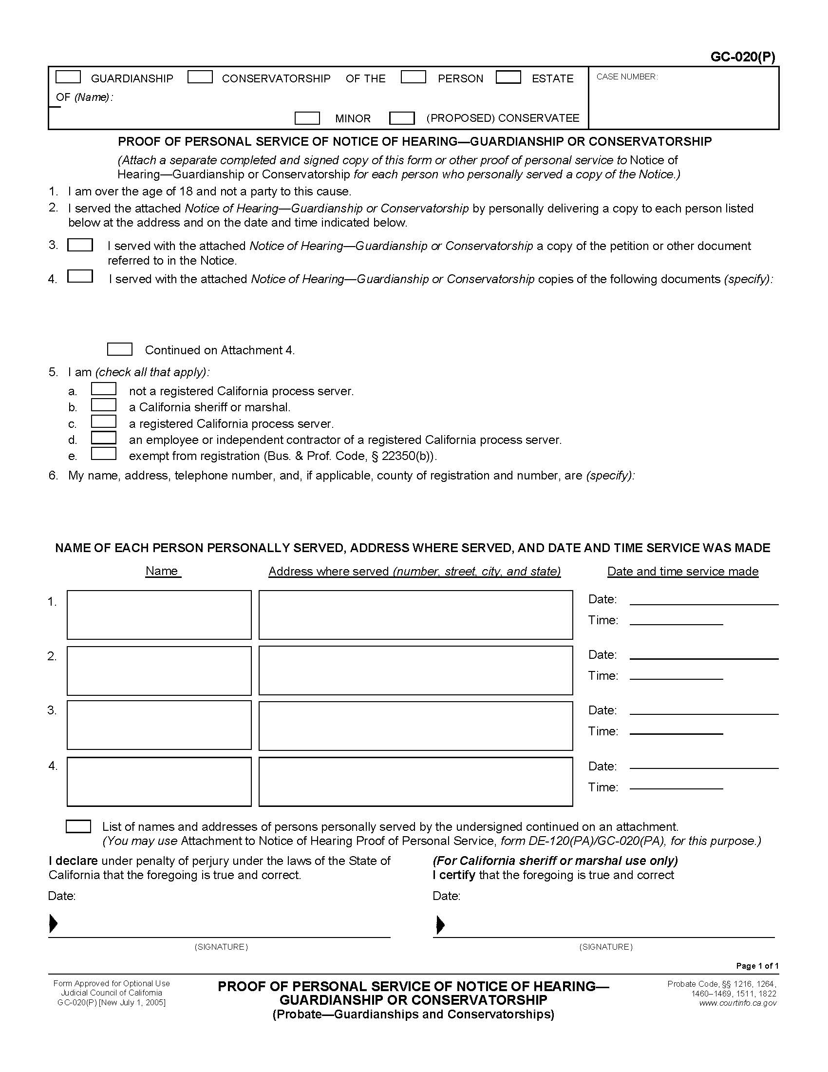 Proof Of Personal Service Of Notice Of Hearing-Guardianship Or Conservatorship (Probate-Guardianships) {GC-020(P)} | Pdf Fpdf Doc Docx | California