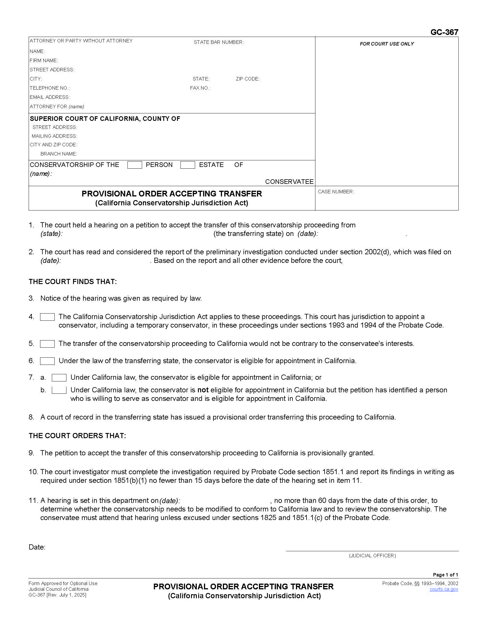 Provisional Order Accepting Transfer (California Conservatorship Jurisdiction Act) {GC-367} | Pdf Fpdf Docx | California