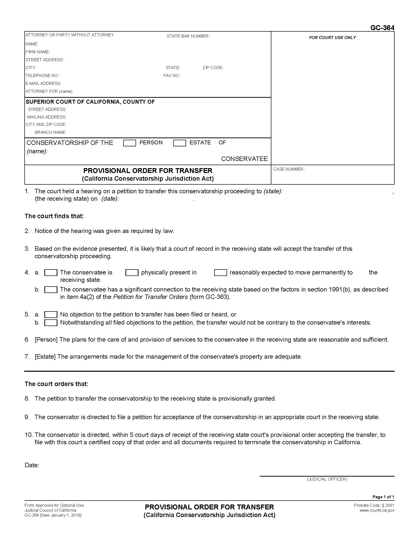 Provisional Order For Transfer (California Conservatorship Jurisdiction Act) {GC-364} | Pdf Fpdf Docx | California