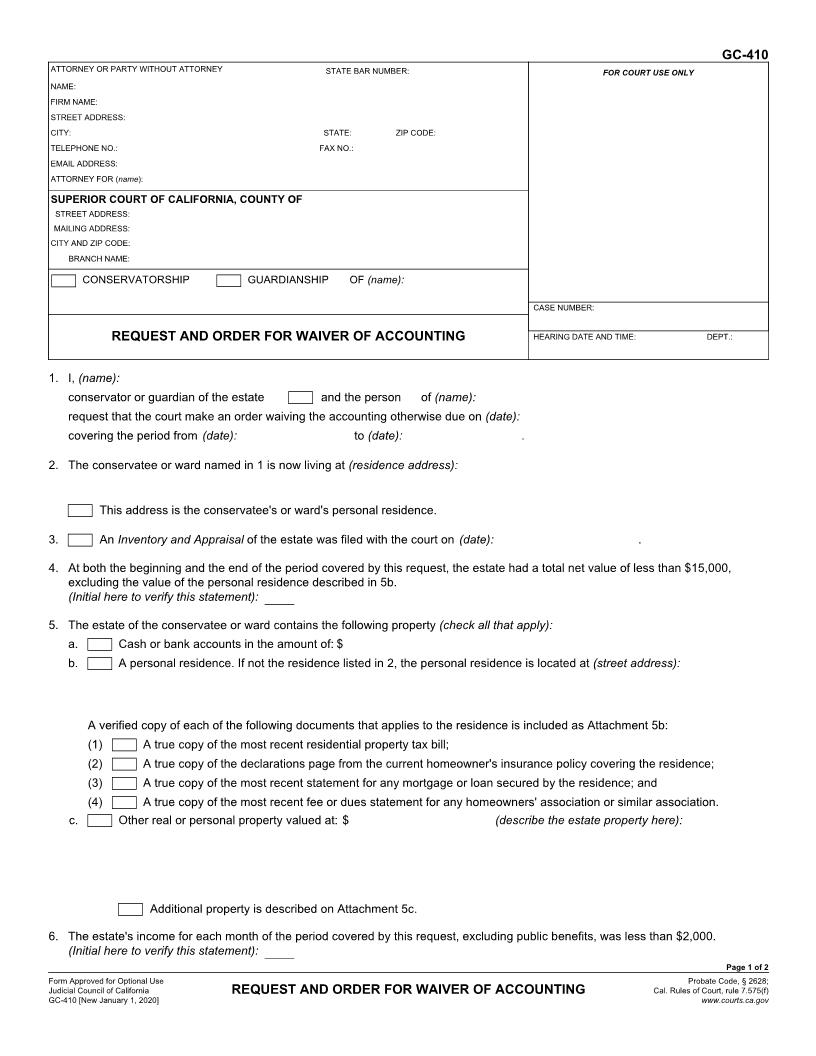 Request And Order For Waiver Of Accounting {GC-410} | Pdf Fpdf Docx | California