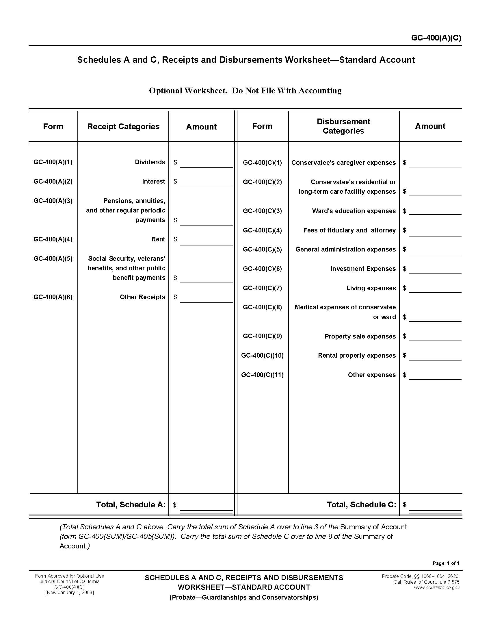 Schedule A And C Receipts And Disbursements Worksheet-Standard Account {GC-400(A)(C)} | Pdf Fpdf Doc Docx | California