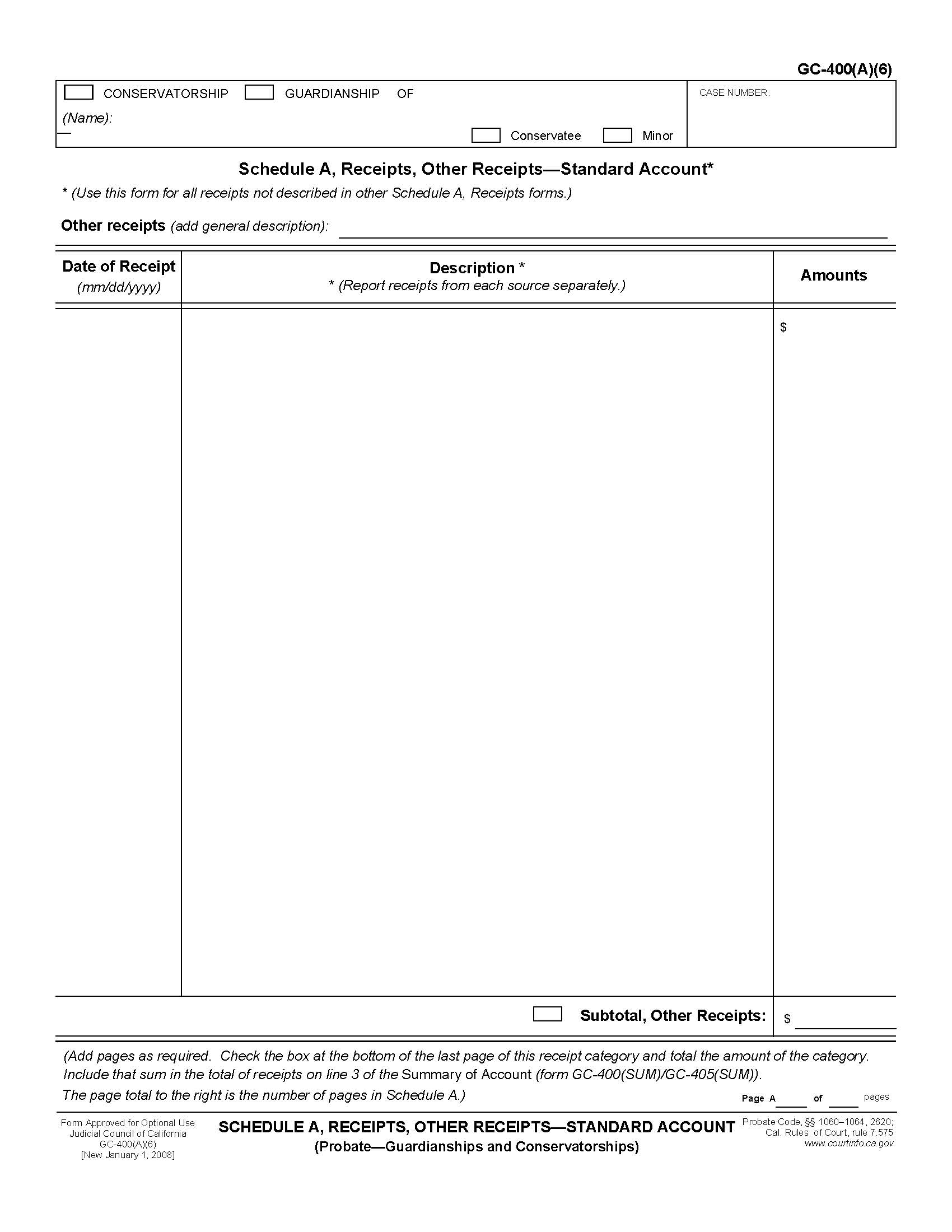 Schedule A Receipts Other Receipts-Standard Account {GC-400(A)(6)} | Pdf Fpdf Doc Docx | California