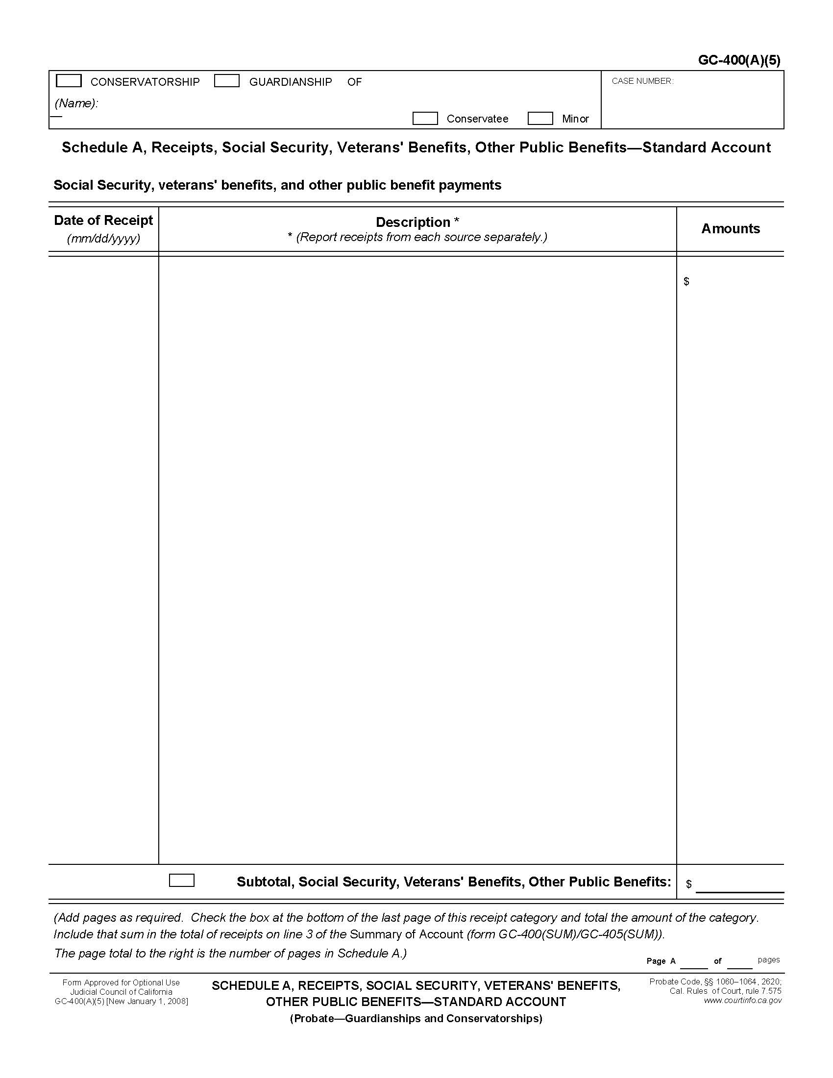 Schedule A Receipts Social Security Veterans Benefits Other Public Benefits-Standard Account {GC-400(A)(5)} | Pdf Fpdf Doc Docx | California