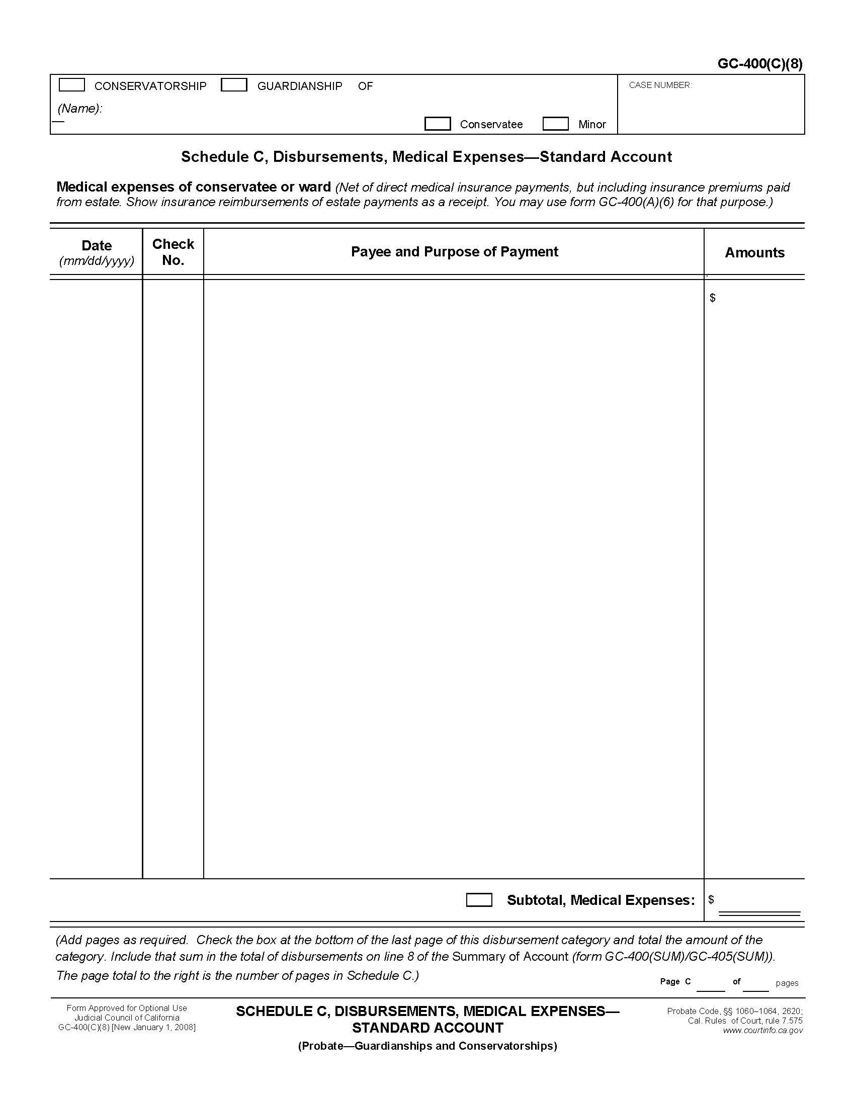Schedule C Disbursements Investments Medical Expenses-Standard Account {GC-400(C)(8)} | Pdf Fpdf Doc Docx | California