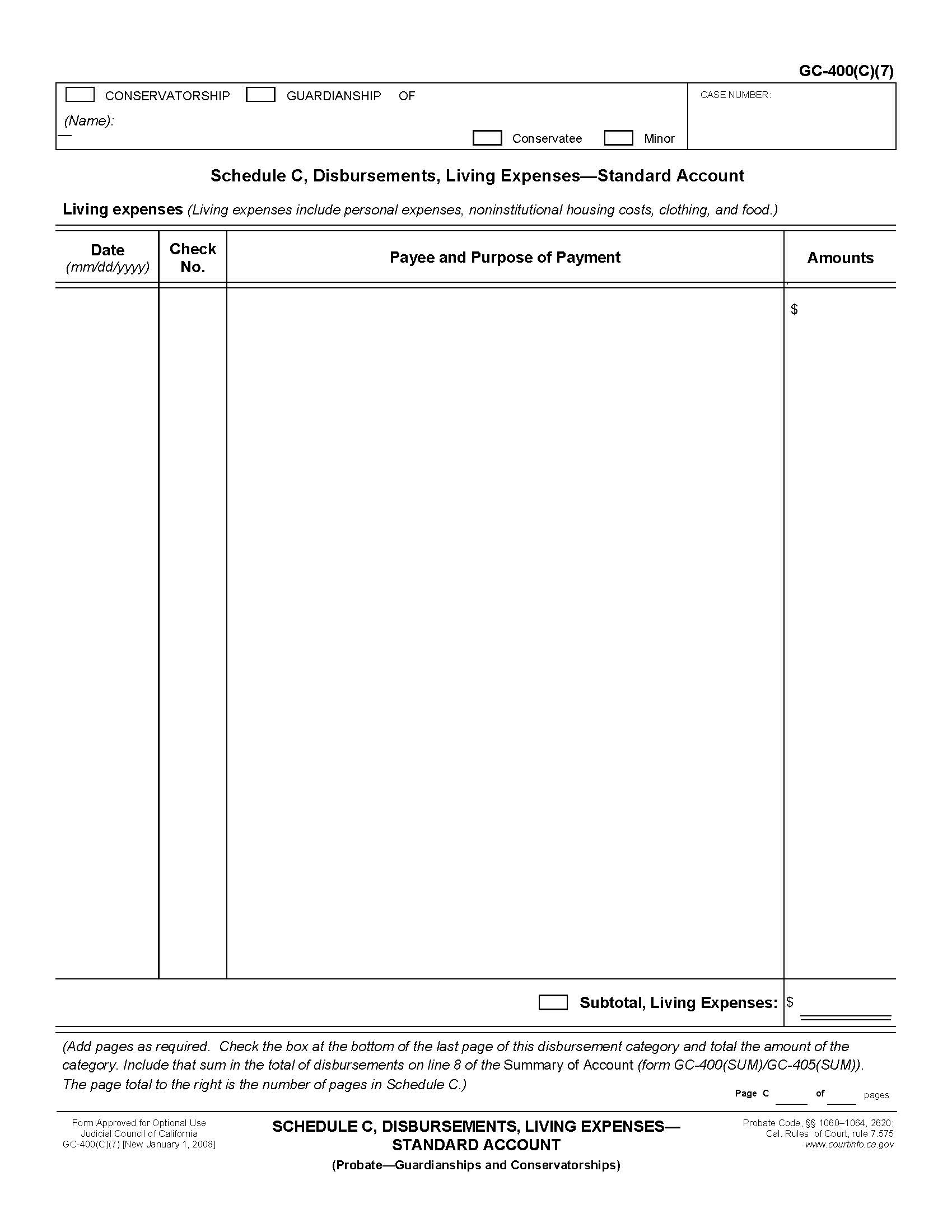 Schedule C Disbursements Living Expenses-Standard Account {GC-400(C)(7)} | Pdf Fpdf Doc Docx | California