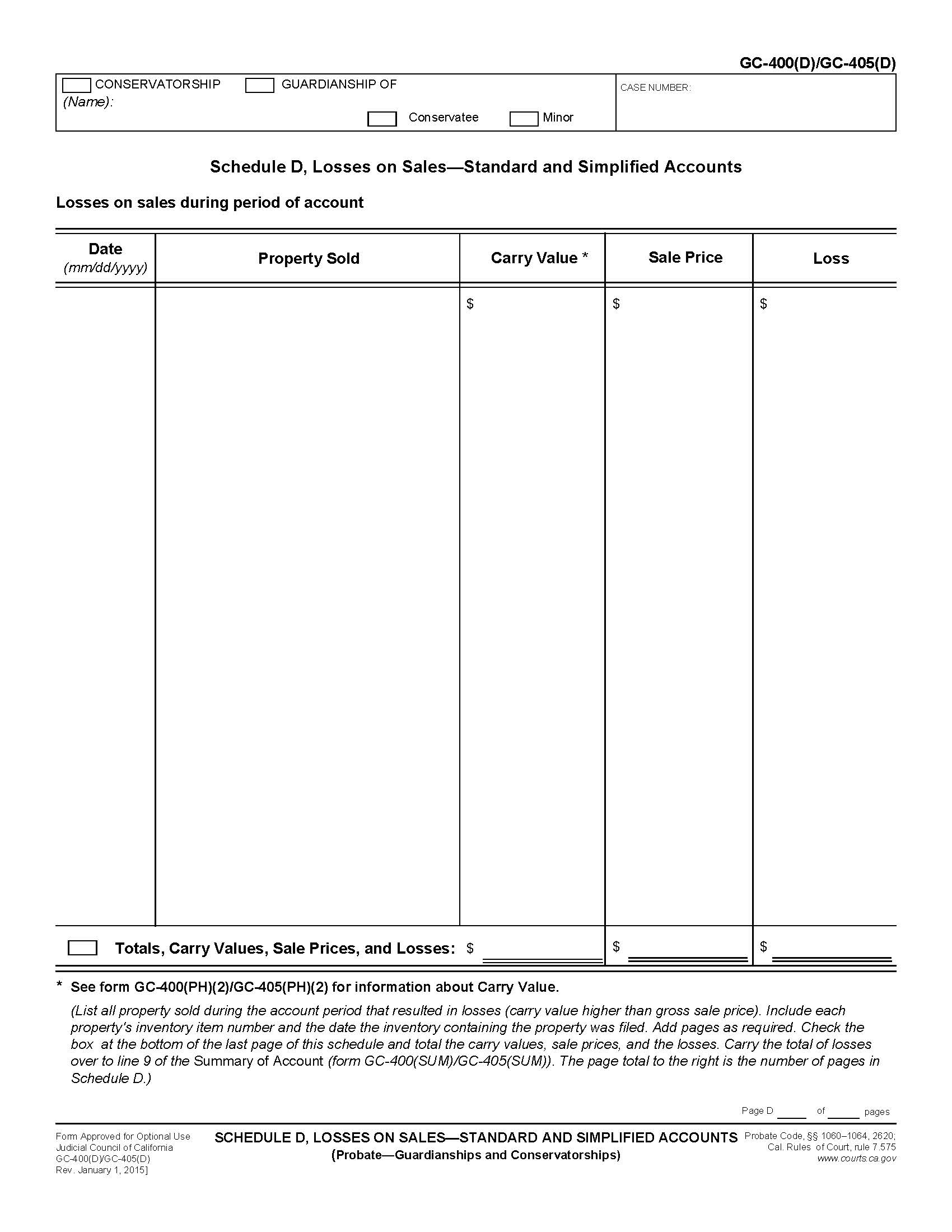 Schedule D Losses On Sales-Standard And Simplified Accounts {GC-400(D) GC405(D)} | Pdf Fpdf Doc Docx | California