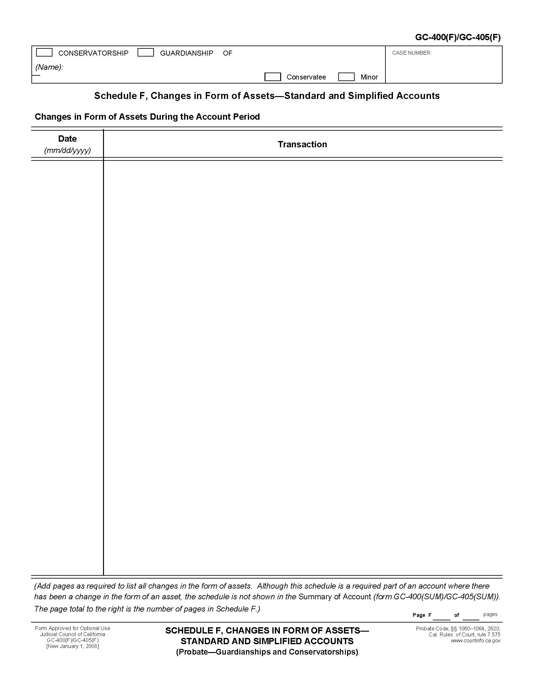 Schedule F Changes In Form Of Assets-Standard And Simplifie Acounts {GC-400(F) GC-405(F)} | Pdf Fpdf Doc Docx | California