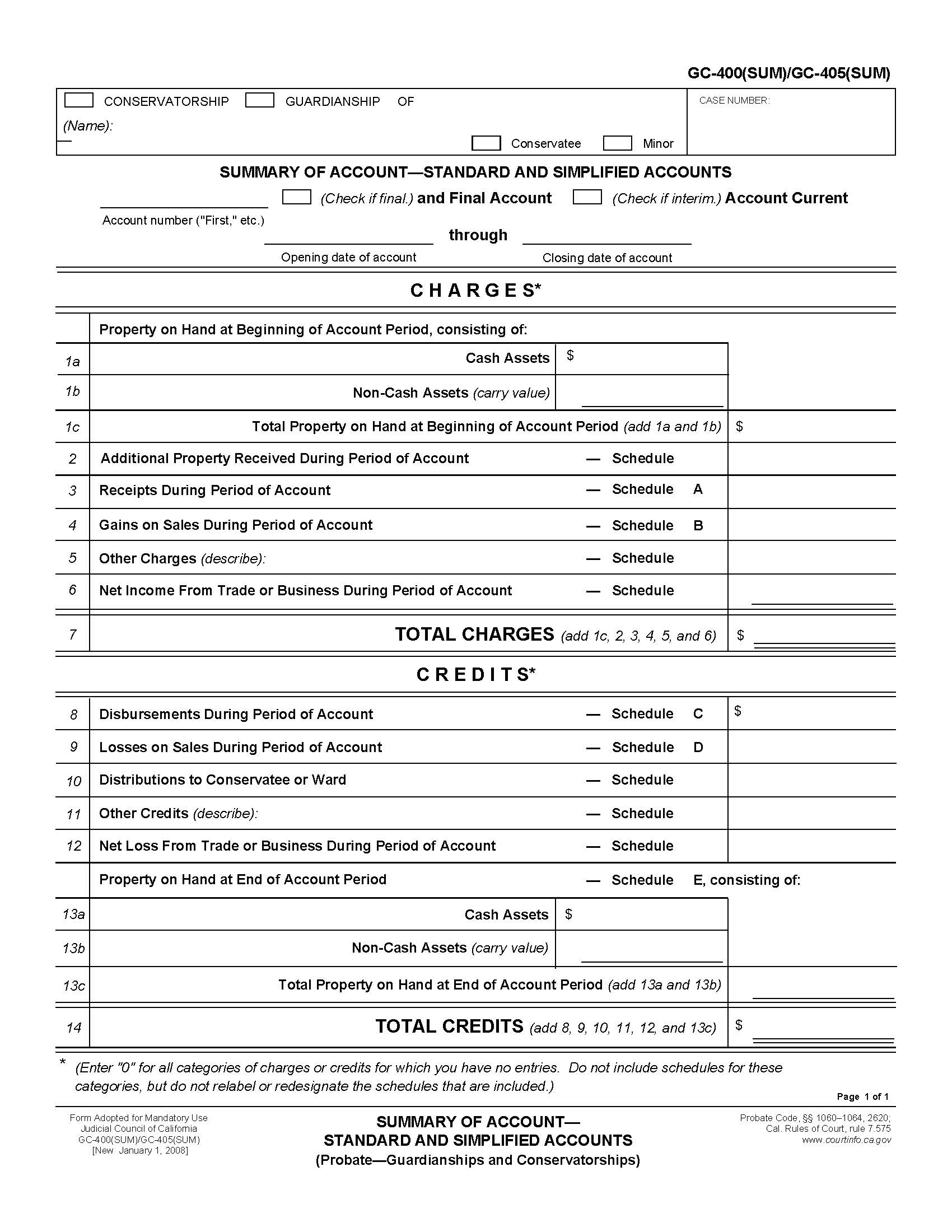 Summary Of Account-Standard And Simplified Accounts {GC-400(SUM) GC-405(SUM)} | Pdf Fpdf Doc Docx | California