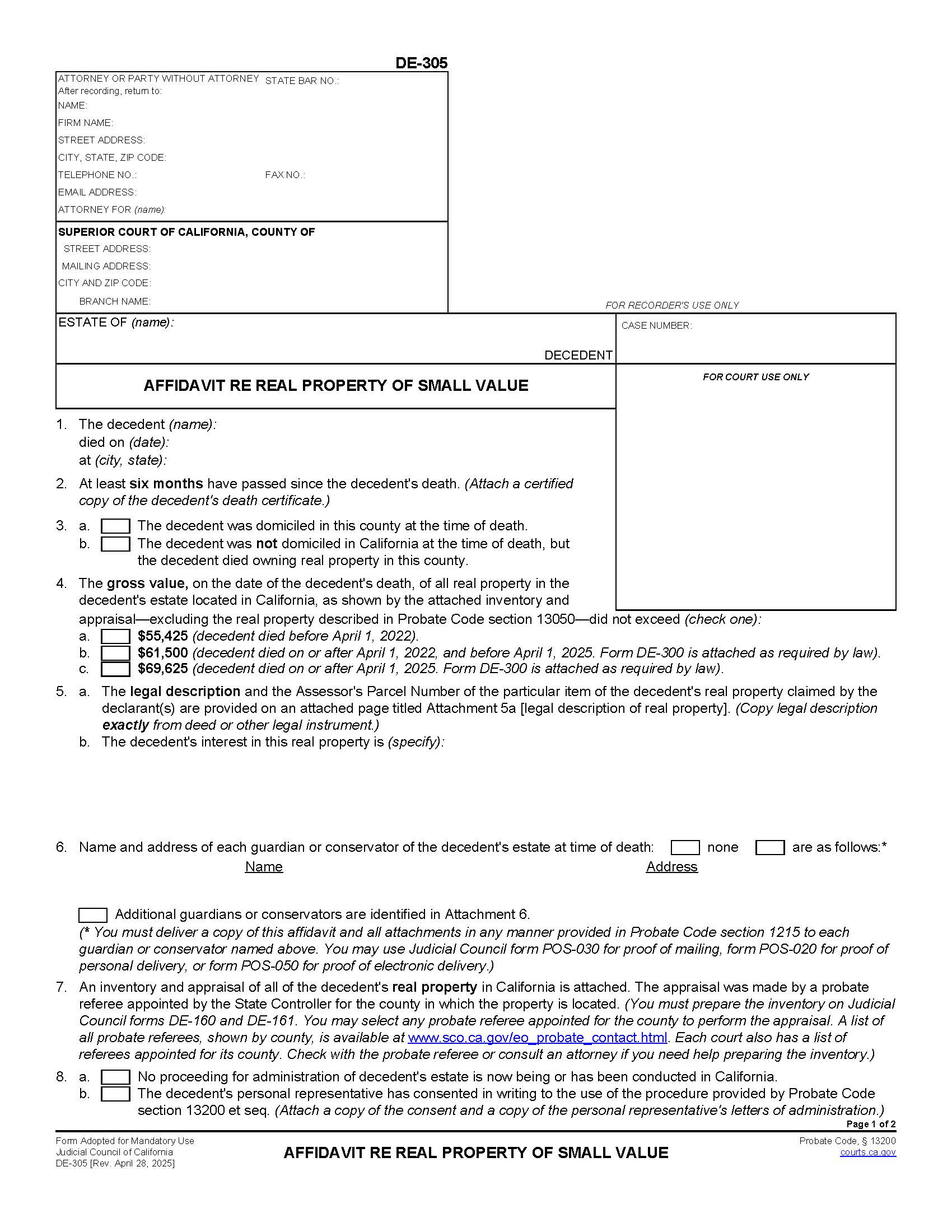 Affidavit Re Real Property Of Small Value {DE-305} | Pdf Fpdf Docx | California