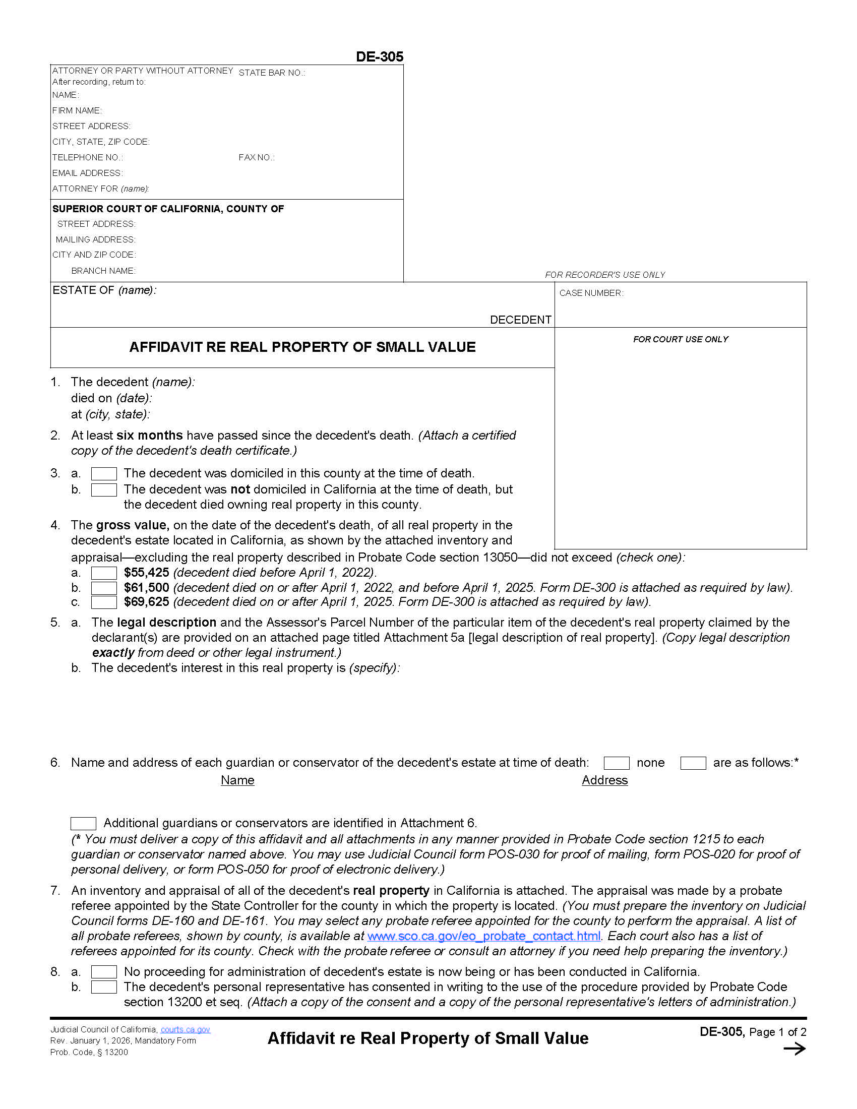 Affidavit Re Real Property Of Small Value {DE-305} | Pdf Fpdf Docx | California