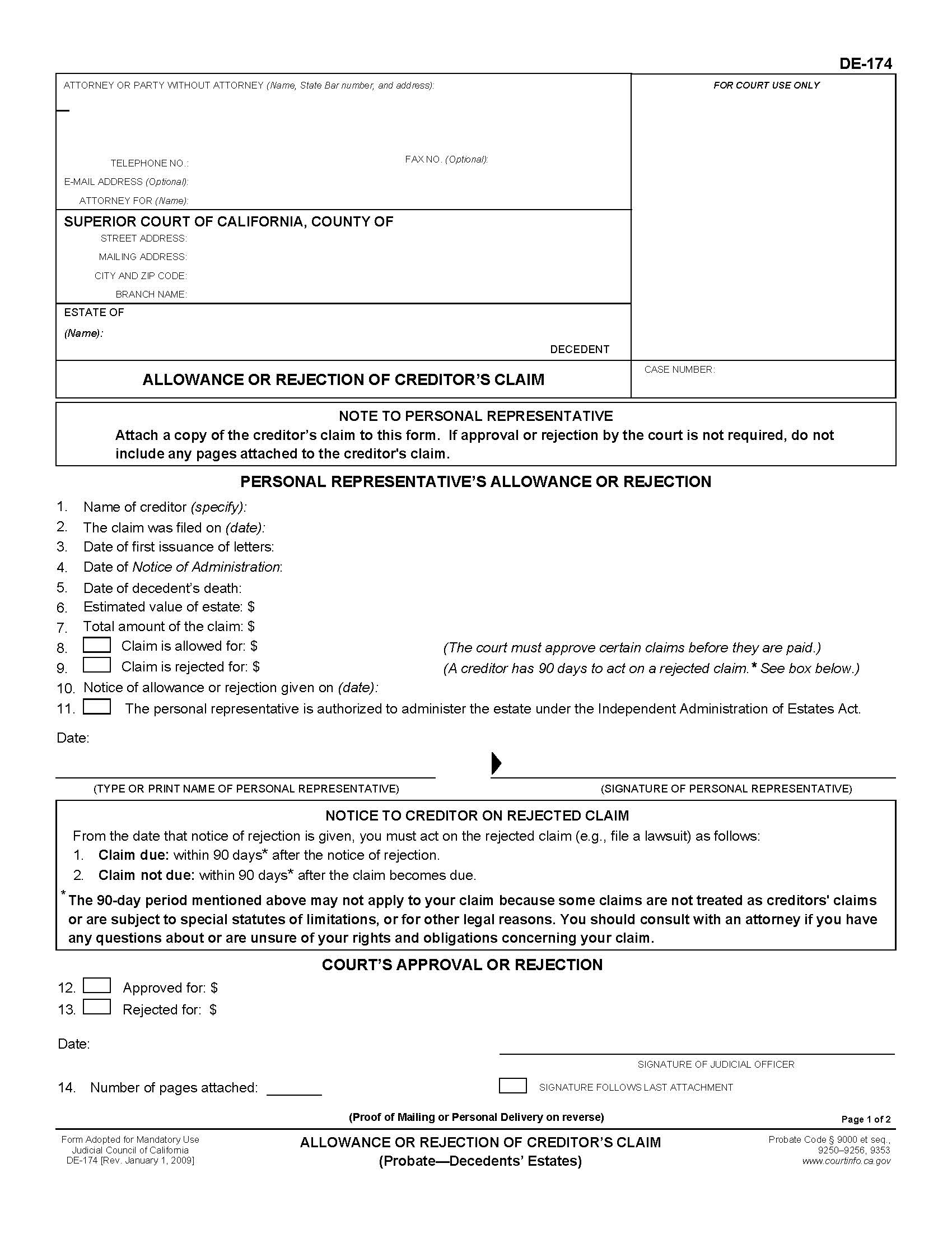Allowance Or Rejection Of Creditors Claim (Probate-Decendents Estates) {DE-174} | Pdf Fpdf Doc Docx | California