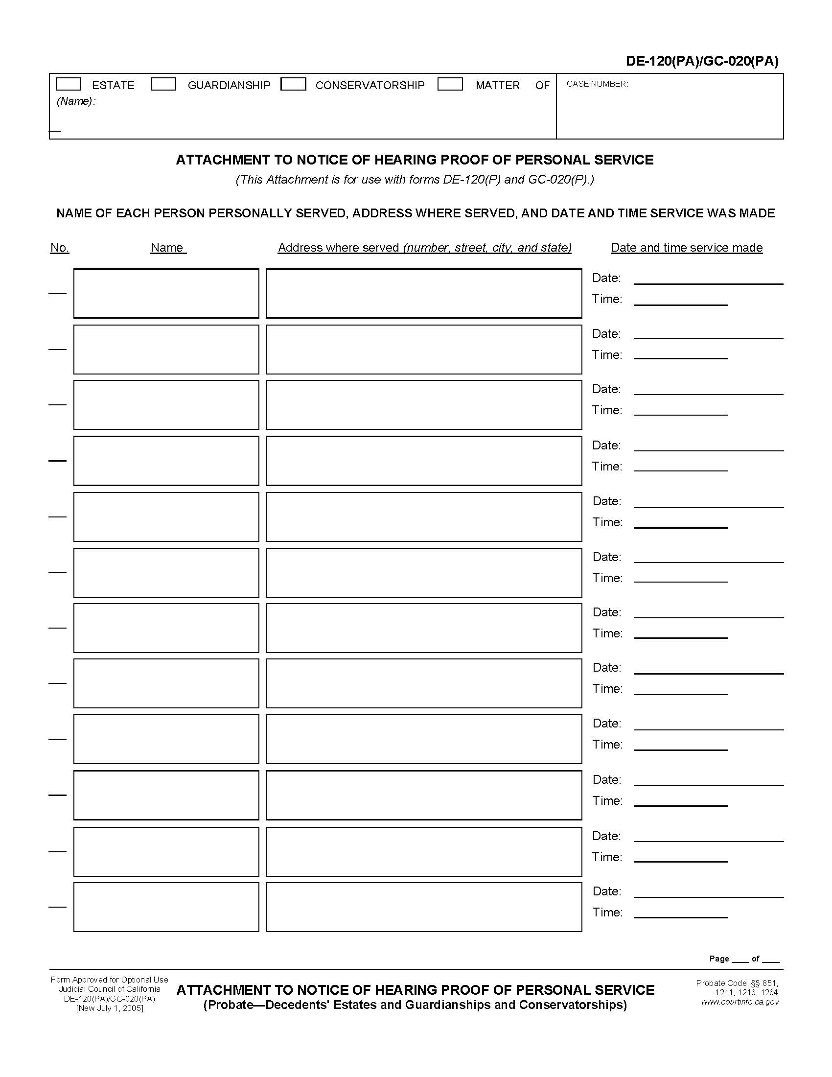 Attachment To Notice Of Hearing Proof Of Personal Service (Probate Decedents Estates) {DE-120(PA)} | Pdf Fpdf Doc Docx | California