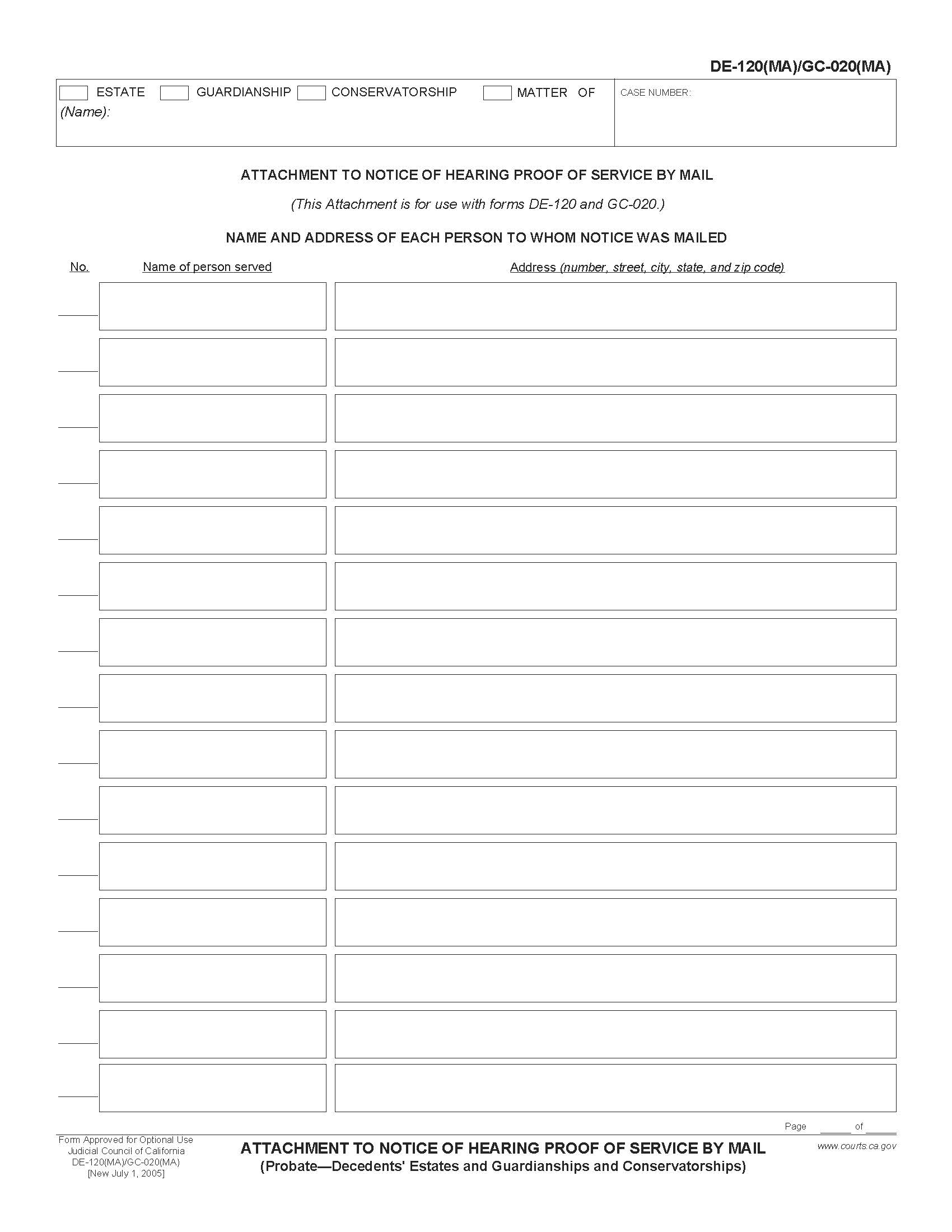 Attachment To Notice Of Hearing Proof Of Service By Mail (Probate-Decedents Estates) {DE-120(MA)} | Pdf Fpdf Doc Docx | California