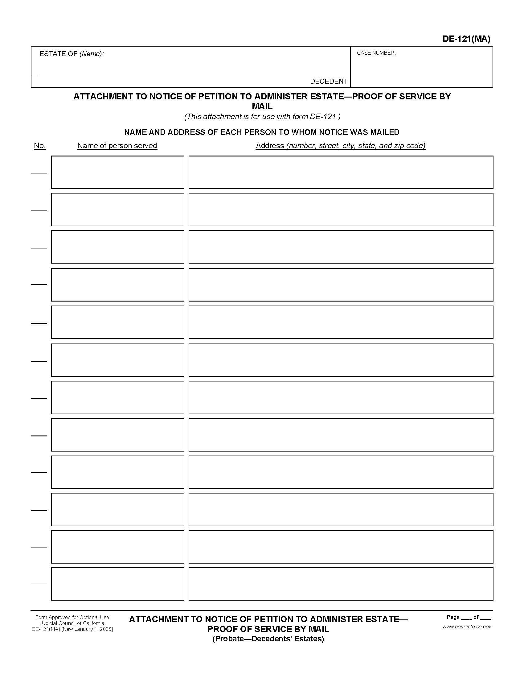 Attachment To Notice Of Petition To Administer Estate-Proof Of Service By Mail (Probate-Decedents Estates) {DE-121(MA)} | Pdf Fpdf Doc Docx | California