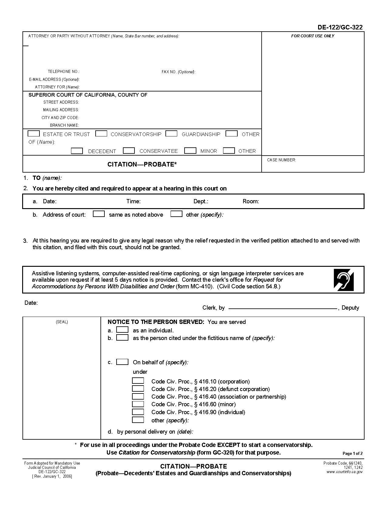 Citation-Probate (Probate-Decedents Estates And Guardianships And Conservatorships) {DE-122 GC-322} | Pdf Fpdf Doc Docx | California