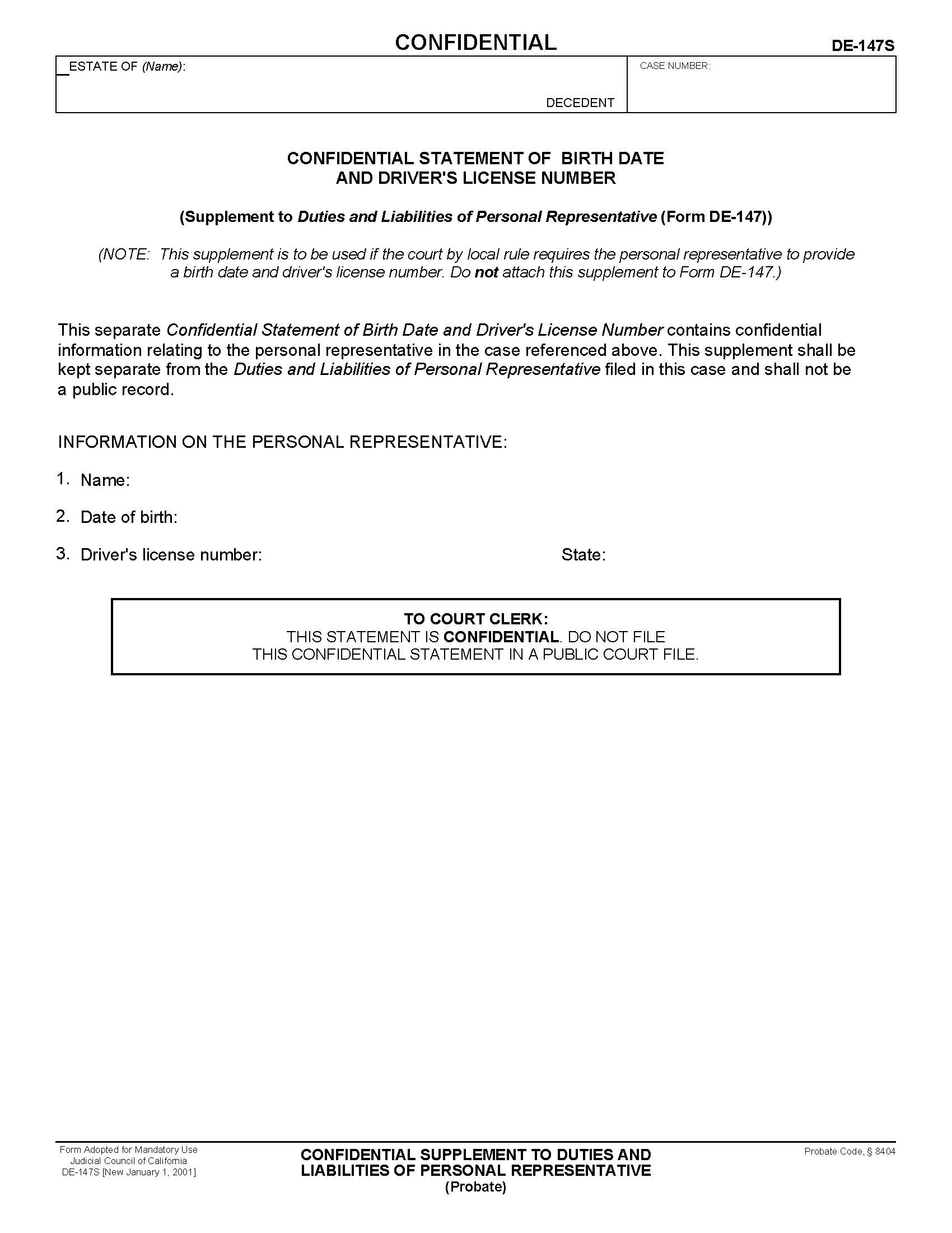 Confidential Supplement To Duties And Liabilities Of Personal Representative {DE-147S} | Pdf Fpdf Doc Docx | California