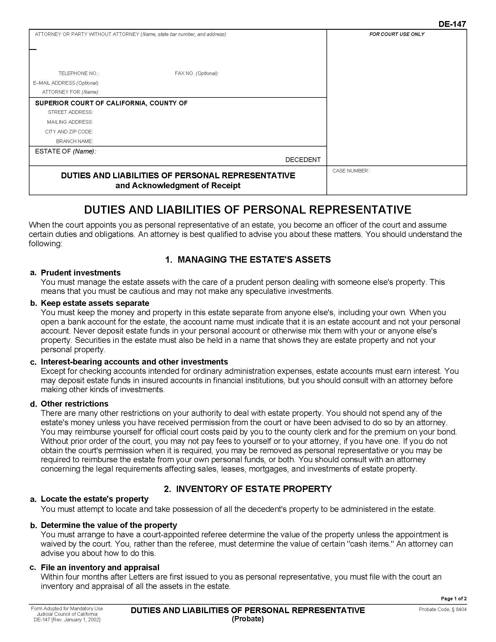 Duties And Liabilities Of Personal Representative {DE-147} | Pdf Fpdf Doc Docx | California