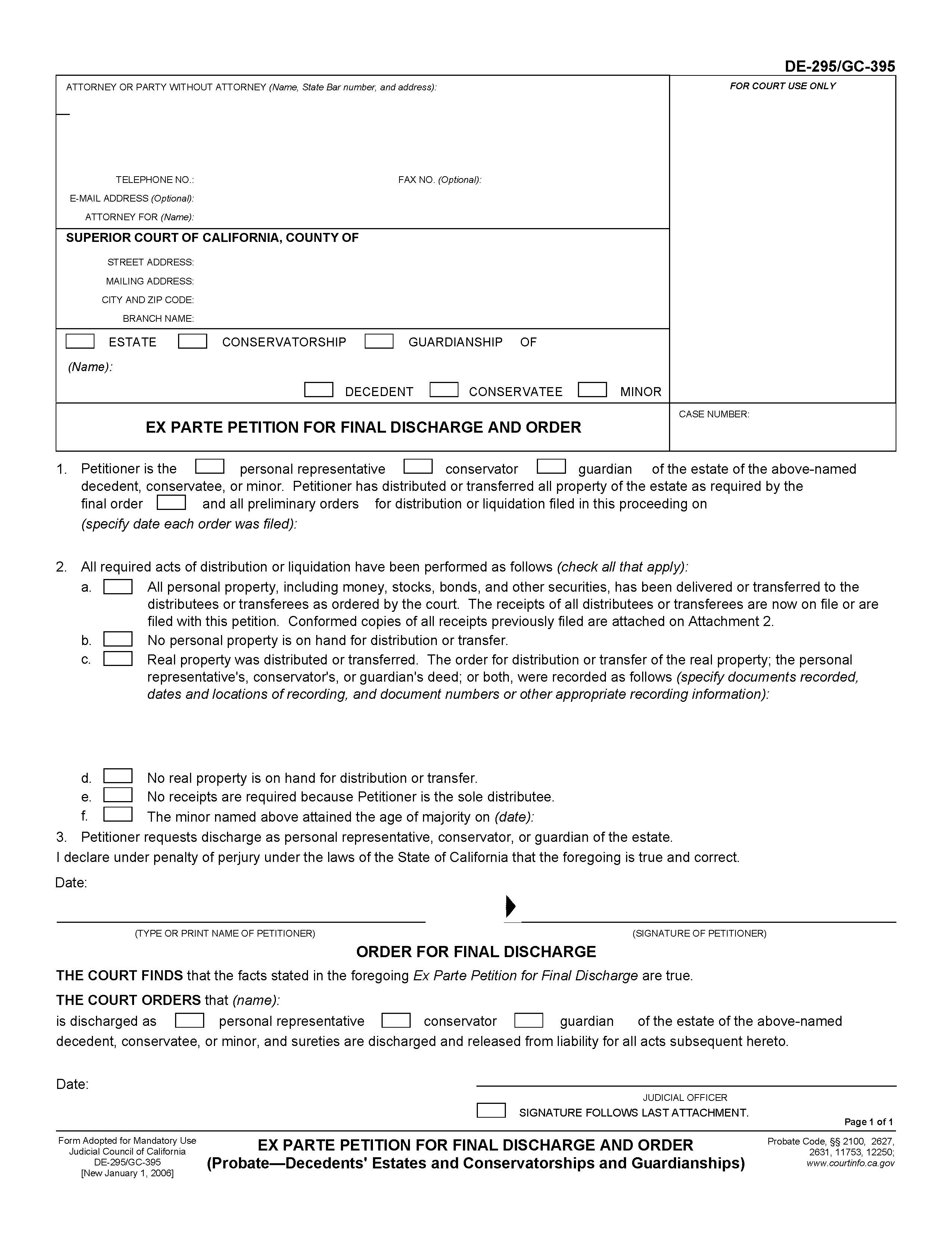 Ex Parte Petition For Final Discharge And Order (Probate-Decedents Estates And Conservatorships) {DE-295 GC-395} | Pdf Fpdf Doc Docx | California