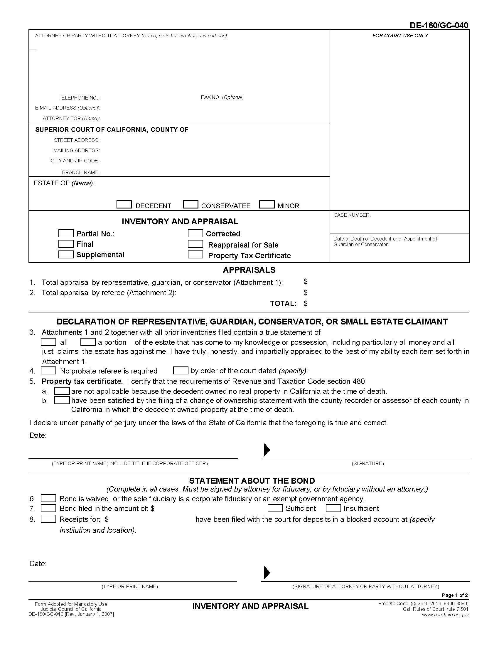 Inventory And Appraisal {DE-160 GC-040} | Pdf Fpdf Doc Docx | California