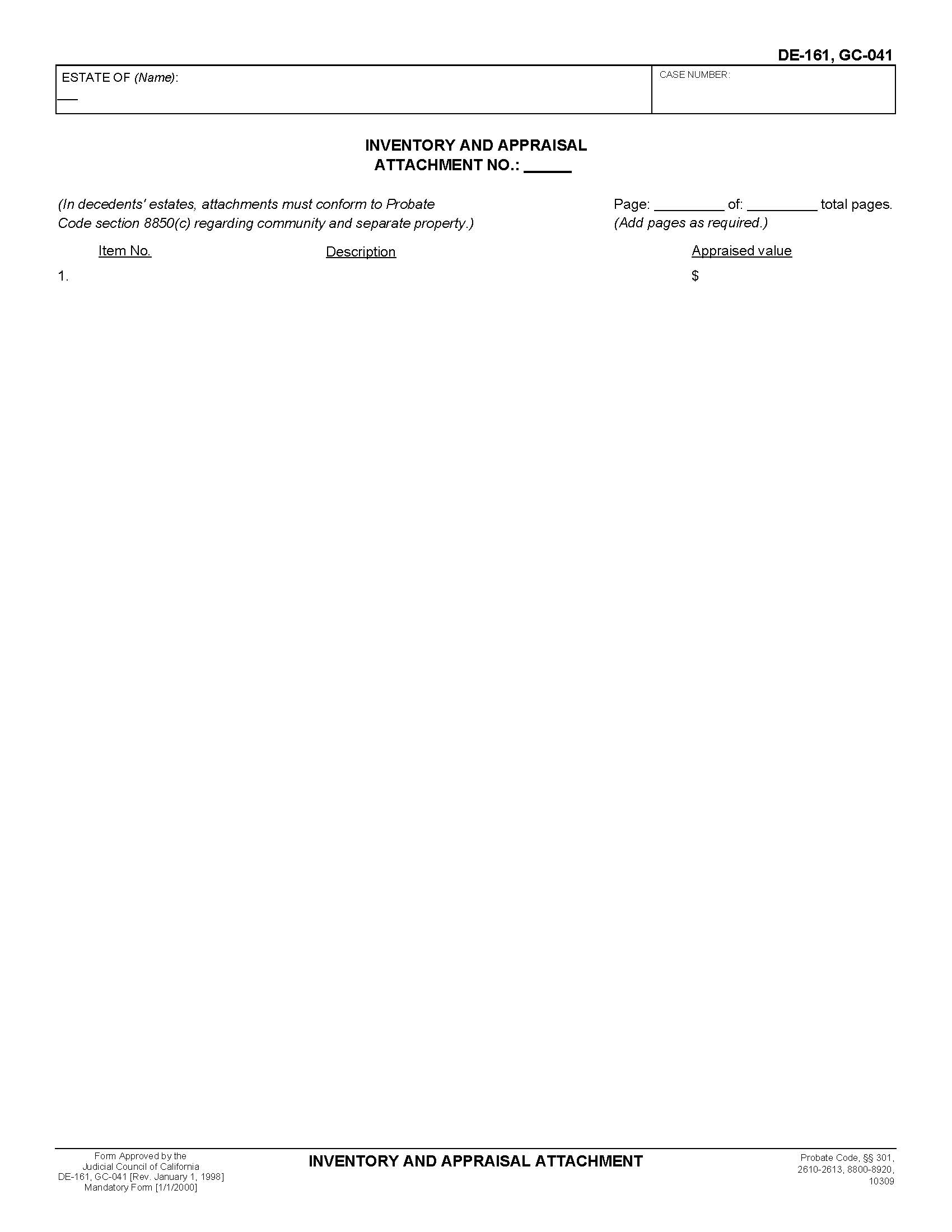 Inventory And Appraisal Attachment {DE-161} | Pdf Fpdf Doc Docx | California