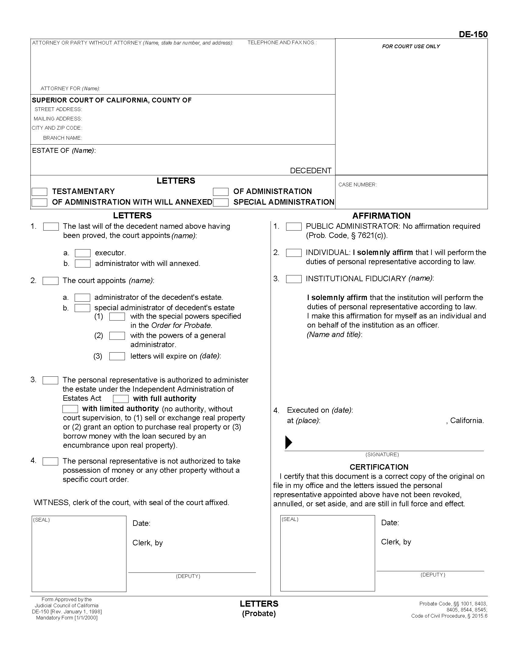 Letters Probate {DE-150} | Pdf Fpdf Doc Docx | California