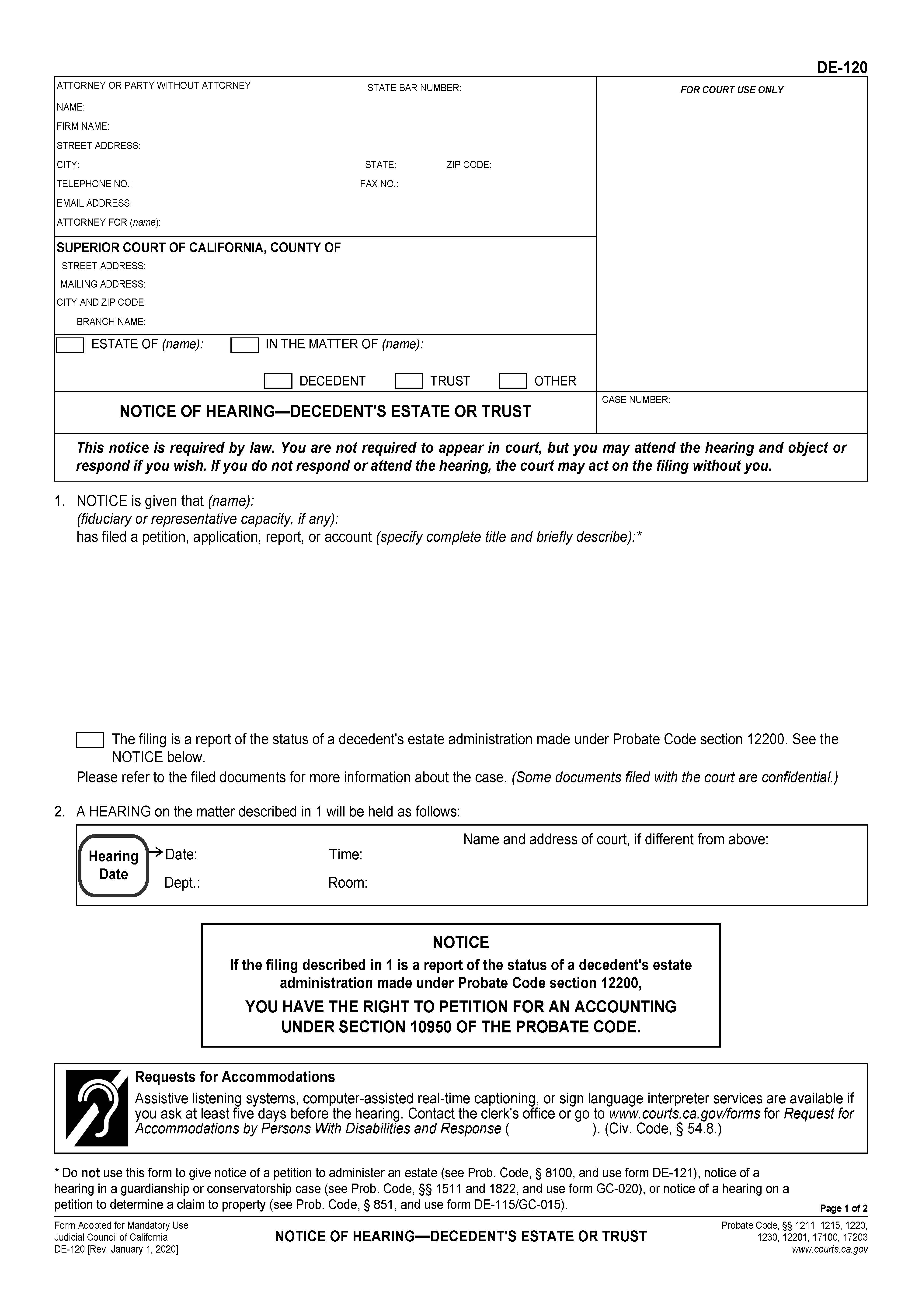 Notice Of Hearing-Decedents Estate Or Trust {DE-120} | Pdf Fpdf Doc Docx | California