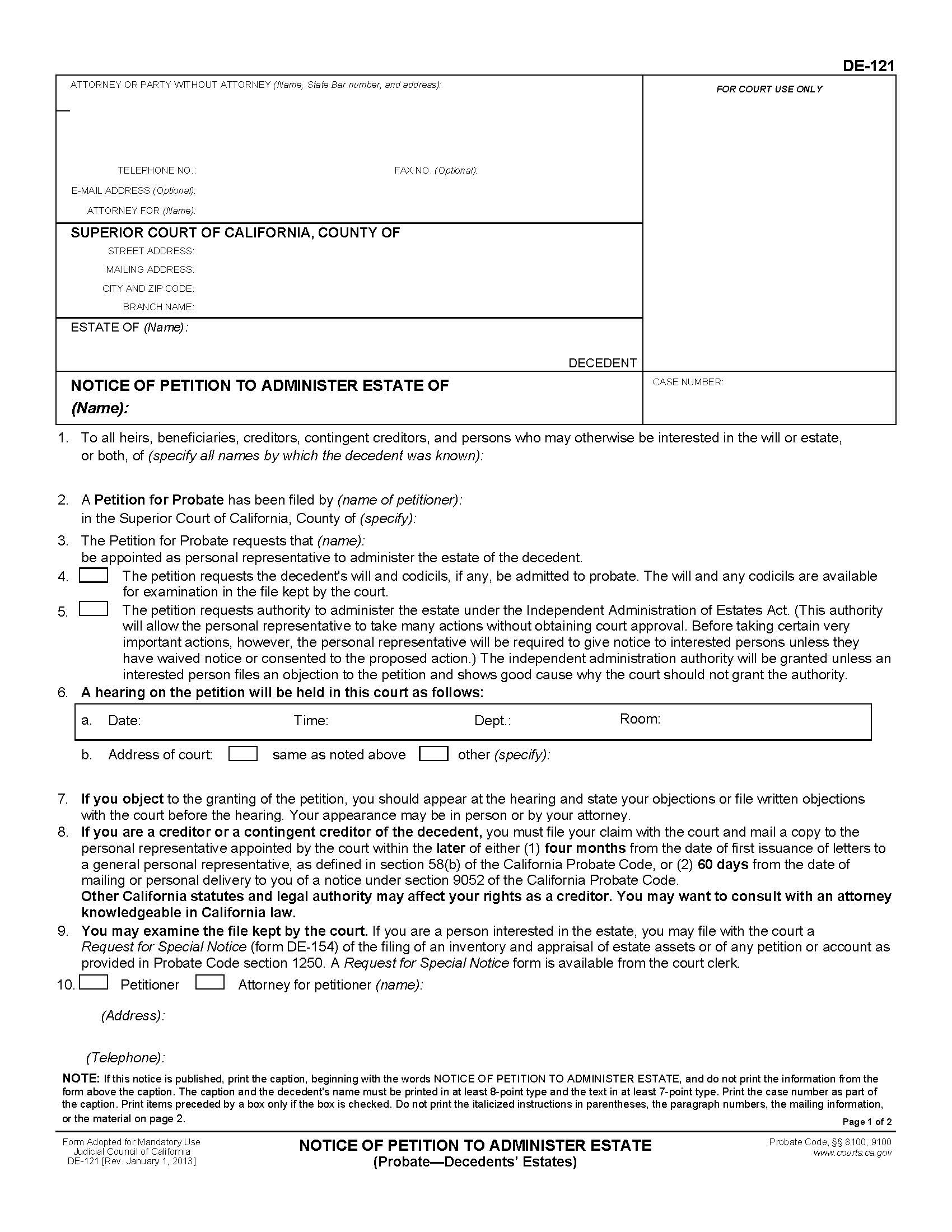 Notice Of Petition To Administer Estate {DE-121} | Pdf Fpdf Doc Docx | California