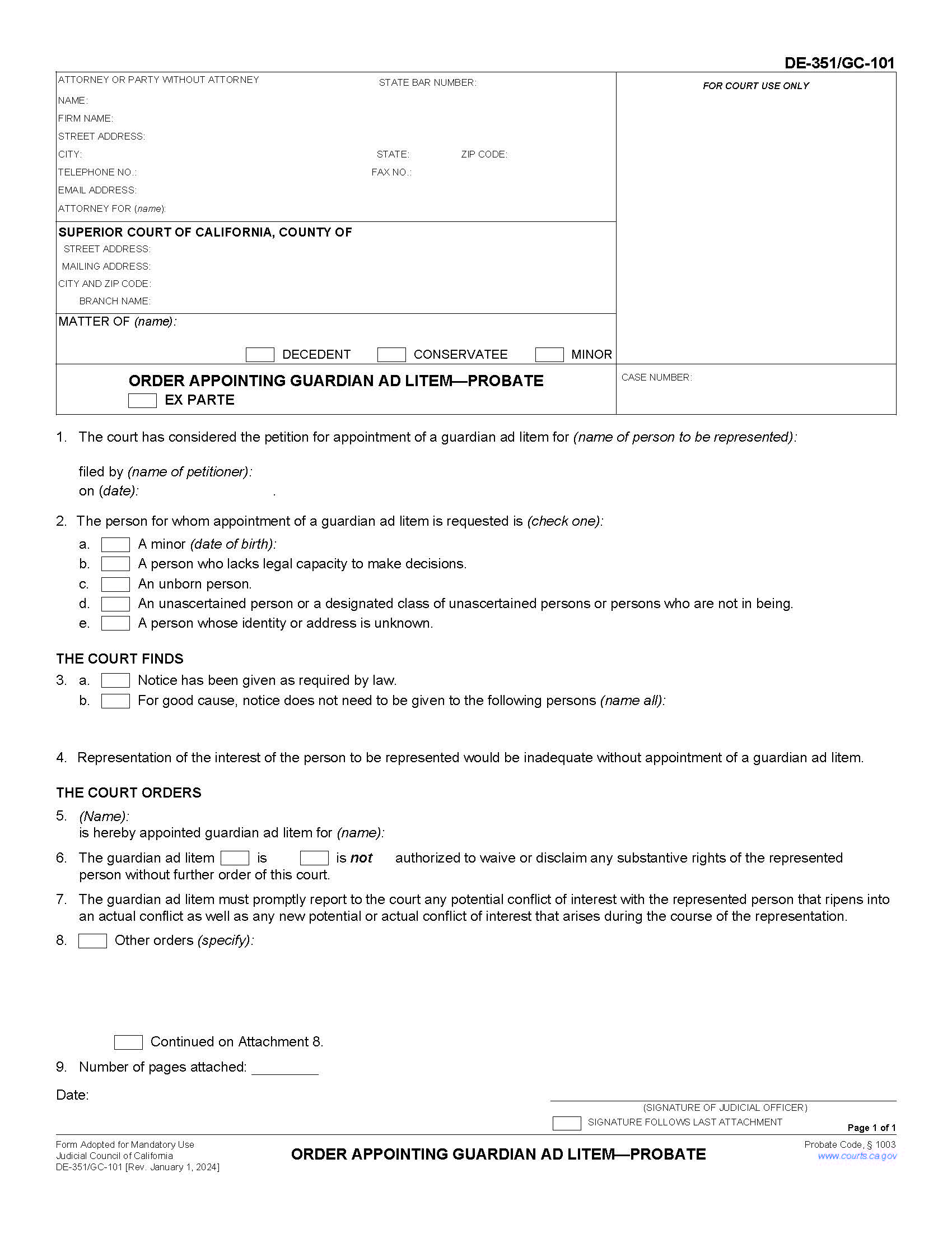 Order Appointing Guardian Ad Litem Probate {DE-351 GC-101} | Pdf Fpdf Doc Docx | California