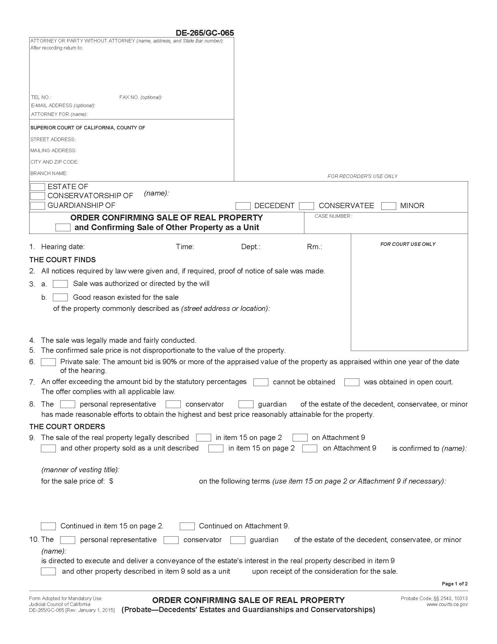 Order Confirming Sale Of Real Property {DE-265 GC-065} | Pdf Fpdf Doc Docx | California