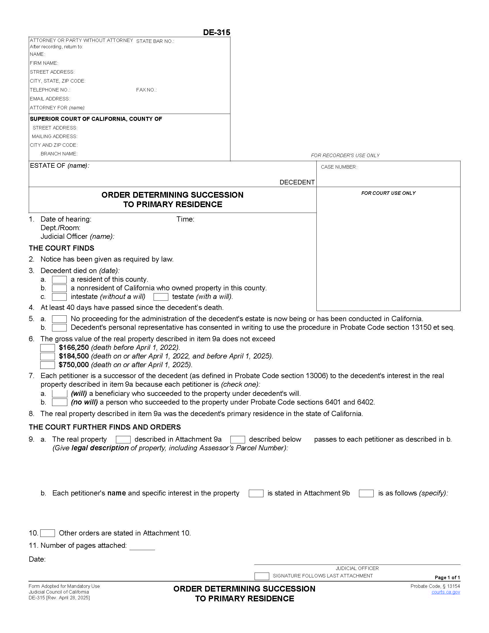Order Determining Sucession To Real Property {DE-315} | Pdf Fpdf Docx | California