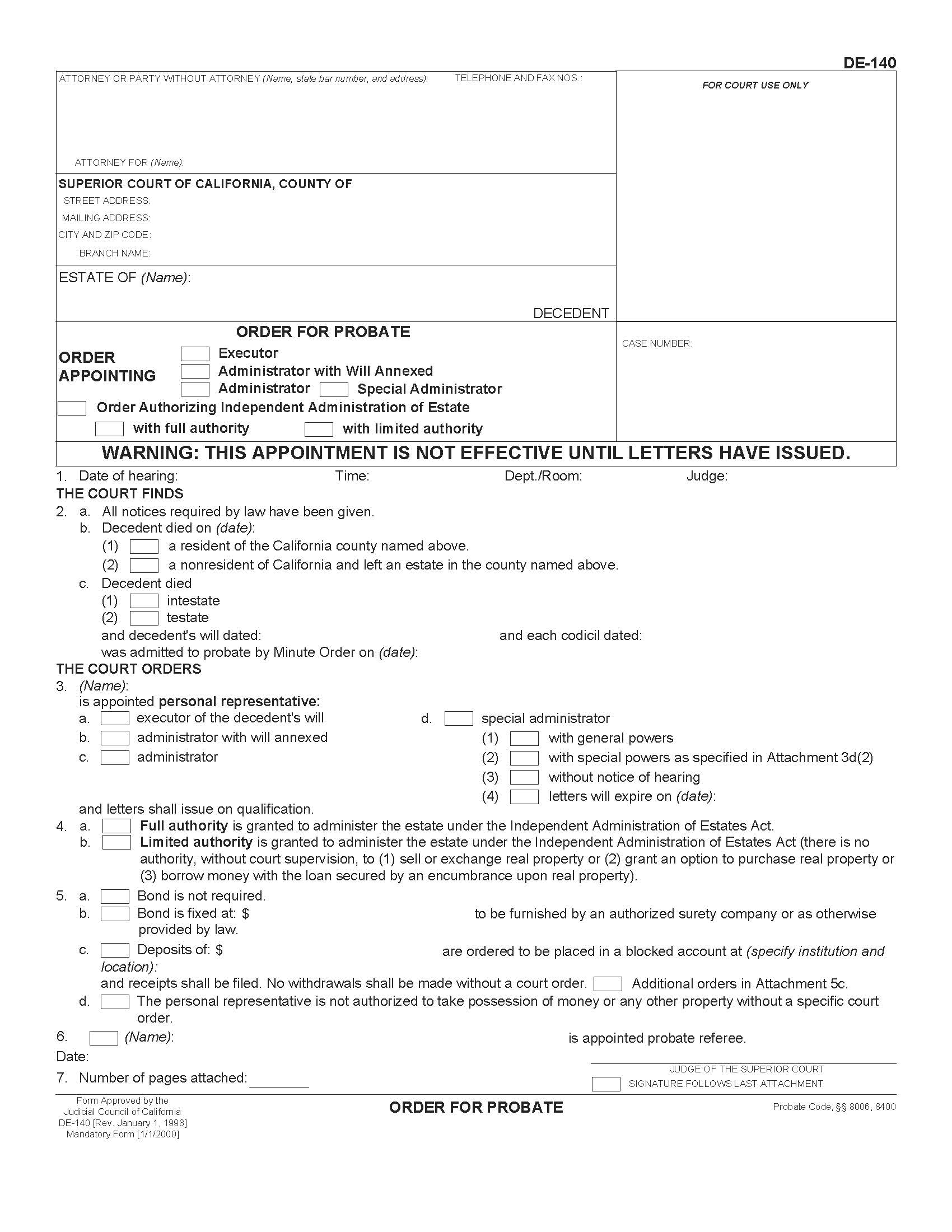 Order For Probate {DE-140} | Pdf Fpdf Doc Docx | California